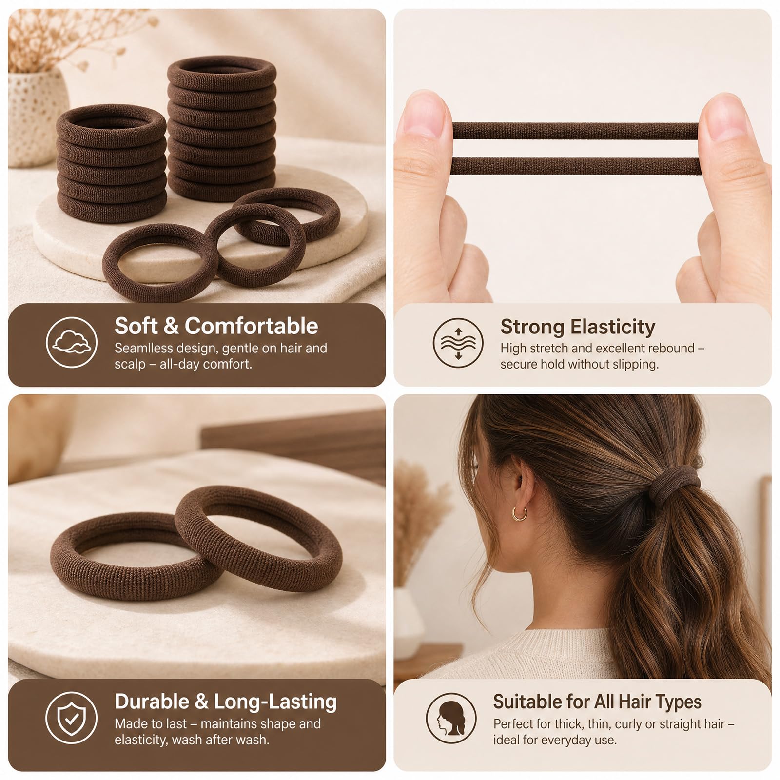 Admygo Elastic Hair Ties - 50 Pack Seamless Thick Hair Ties | Dark Brown | High Elasticity 7