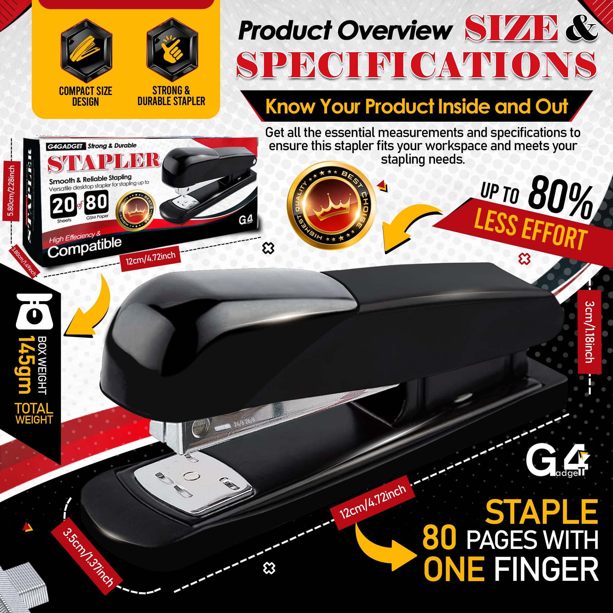 G4GADGET Repesco Black Stapler-12 - 20 Sheet Capacity | Stainless Steel Desktop Stapler 4