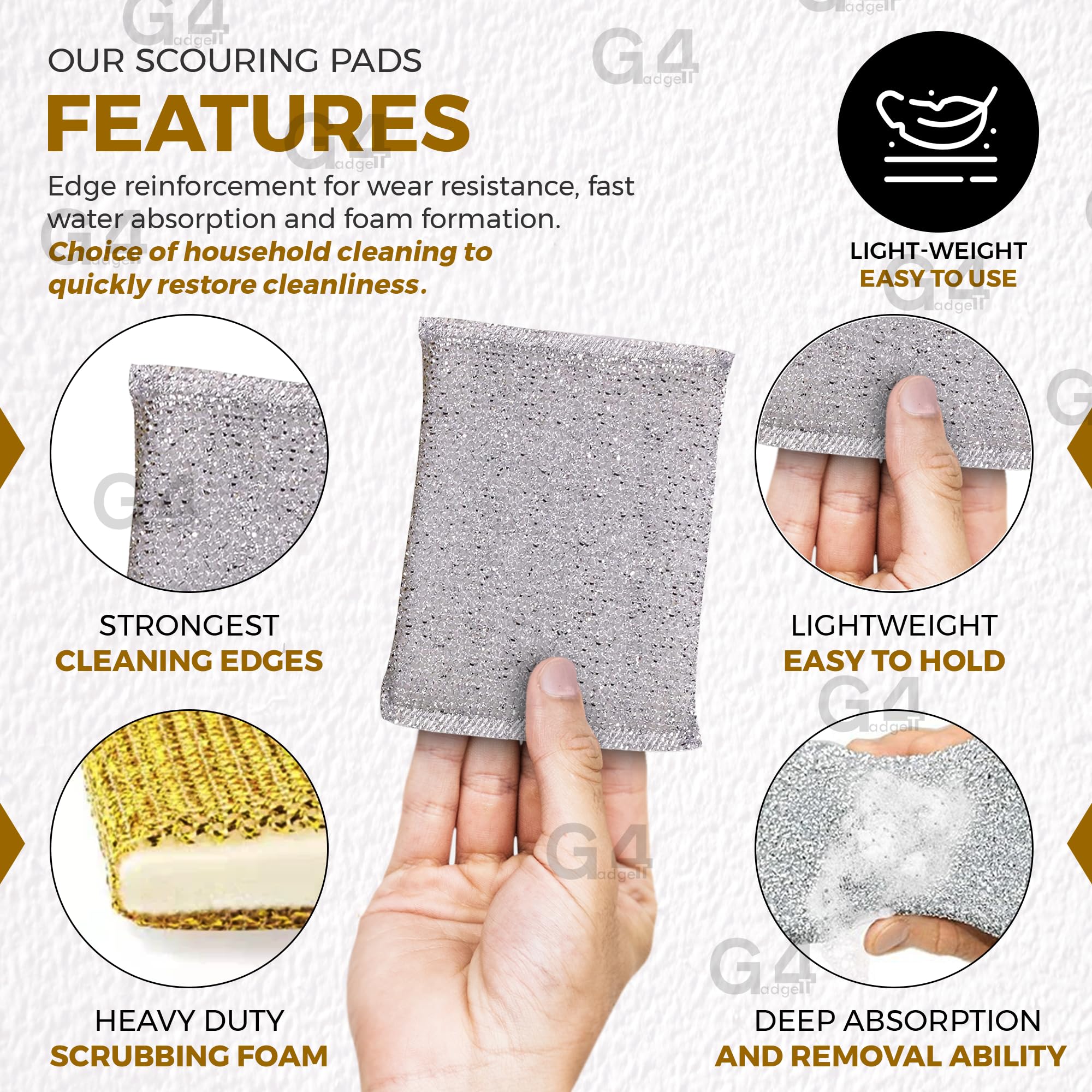 G4GADGET Metallic Scouring Pads - 6 Pack Non-Scratch Polypropylene Kitchen Scourer | Rust-Resistant 3