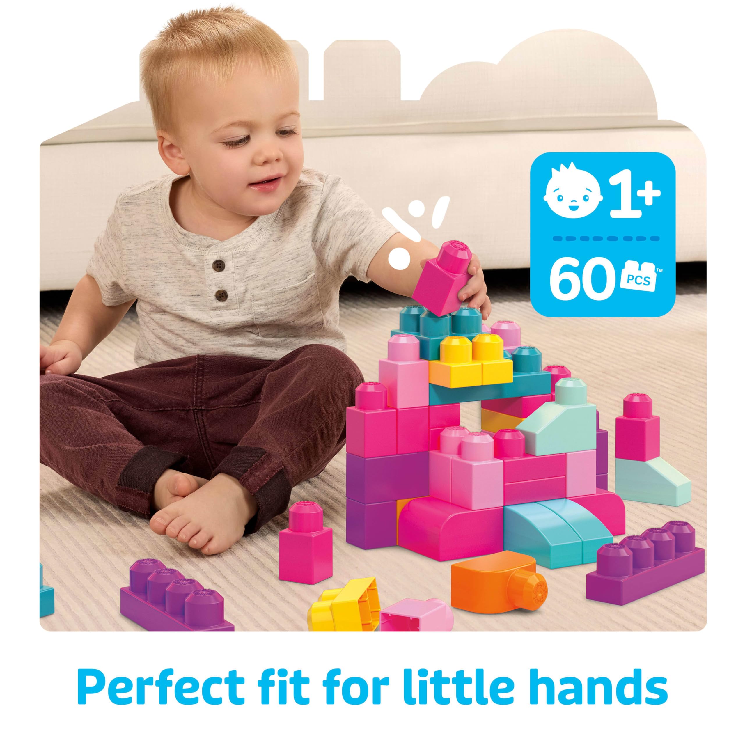 Mega Bloks Big Building Bag Building Set with 60 Blocks, Pink | Ages 1+ | DCH54