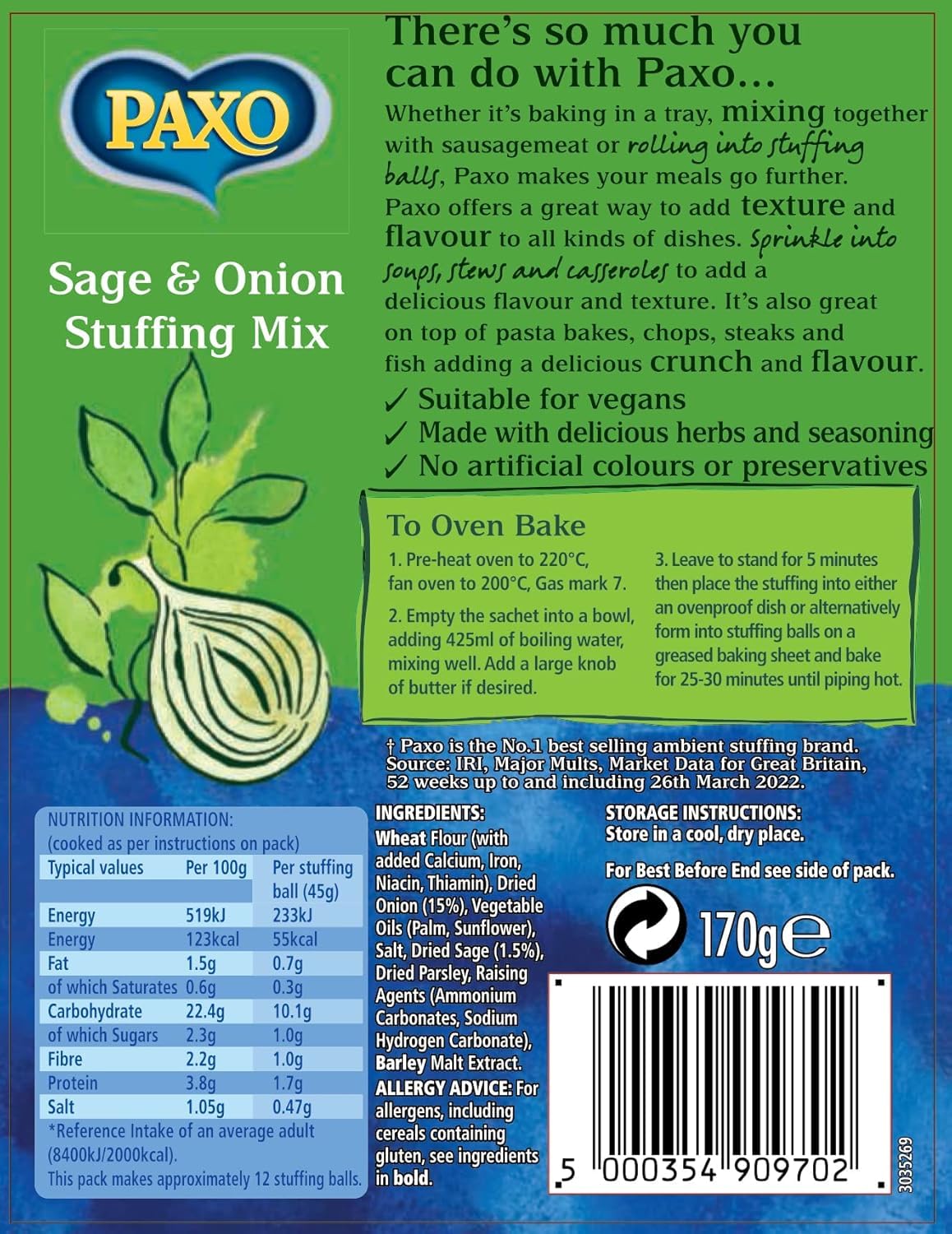 Paxo Sage & Onion Stuffing Mix - Traditional Flavour, Quick & Easy Preparation | 170g 2
