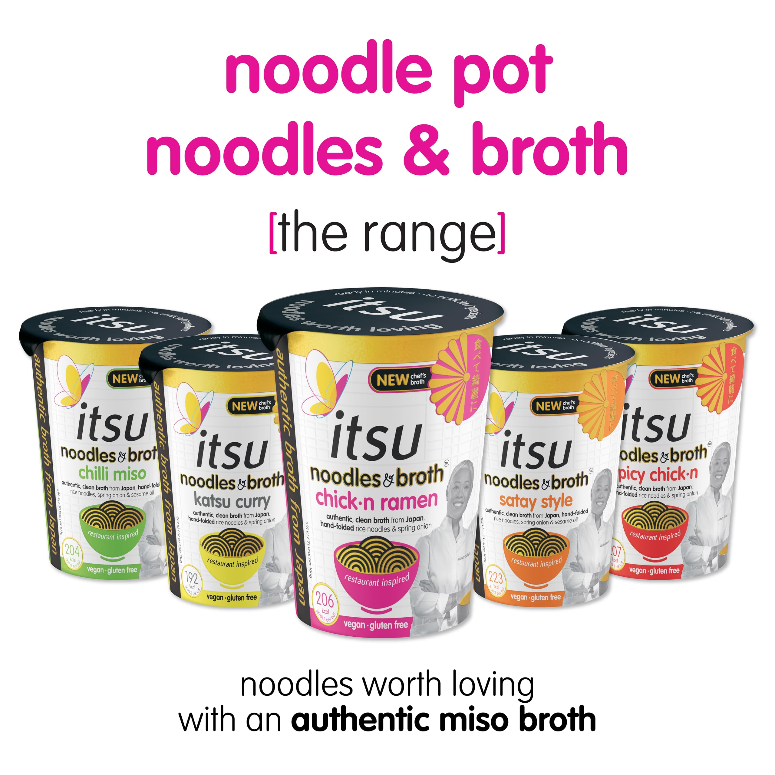 Itsu Spicy Chicken Instantnudeln &amp; Brühe Topf 64 g – 6er-Pack | Glutenfrei | Vegan | Schnelle 5-Minuten-Mahlzeit