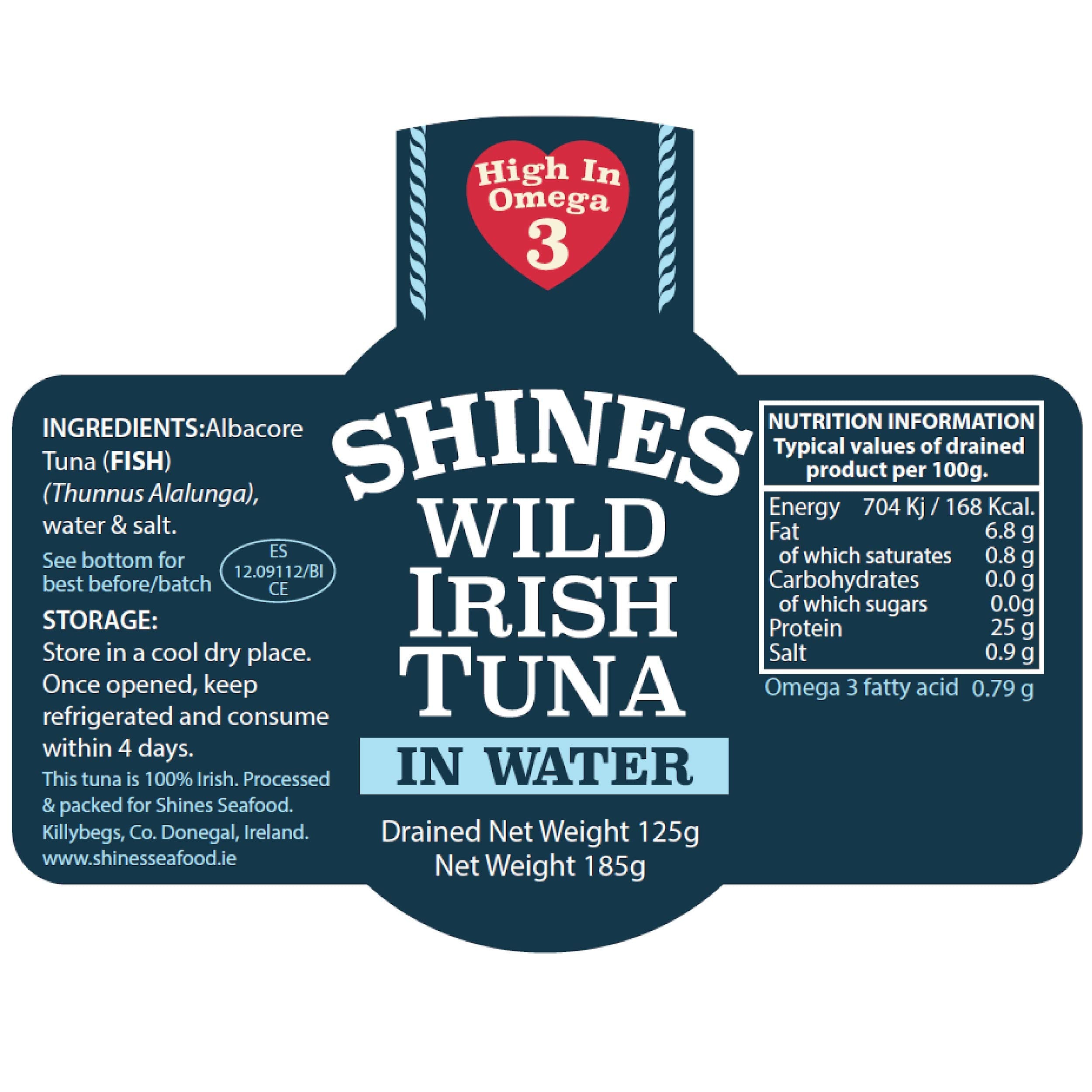 Shines Wild Irish Albacore Tuna in Water - 3 x 185g Glass Jars | High Protein, Low Carb, Omega 3 6