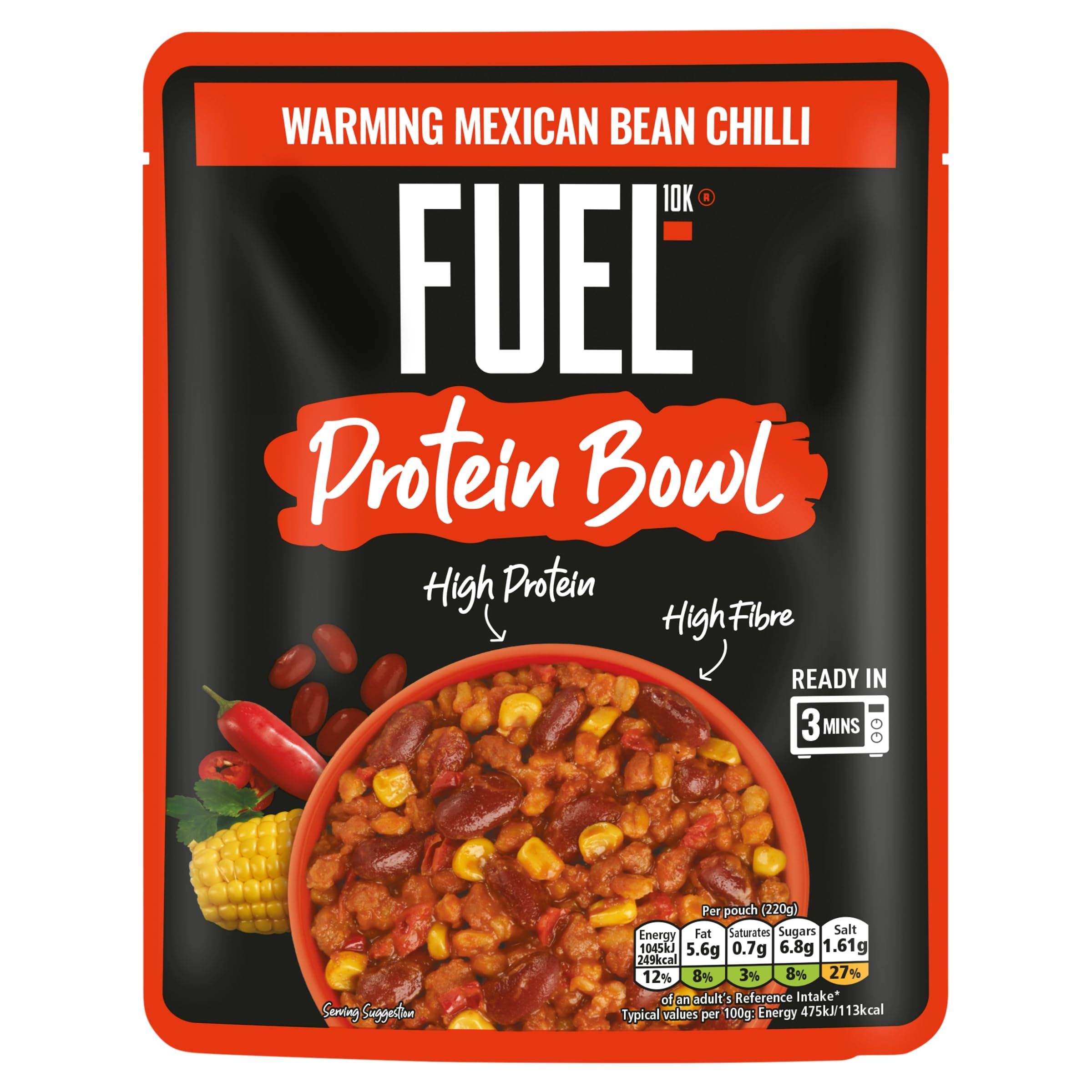 FUEL10K High Protein Mexican Bean Chilli Microwave Ready Meal - 14g Protein, Pack of 6