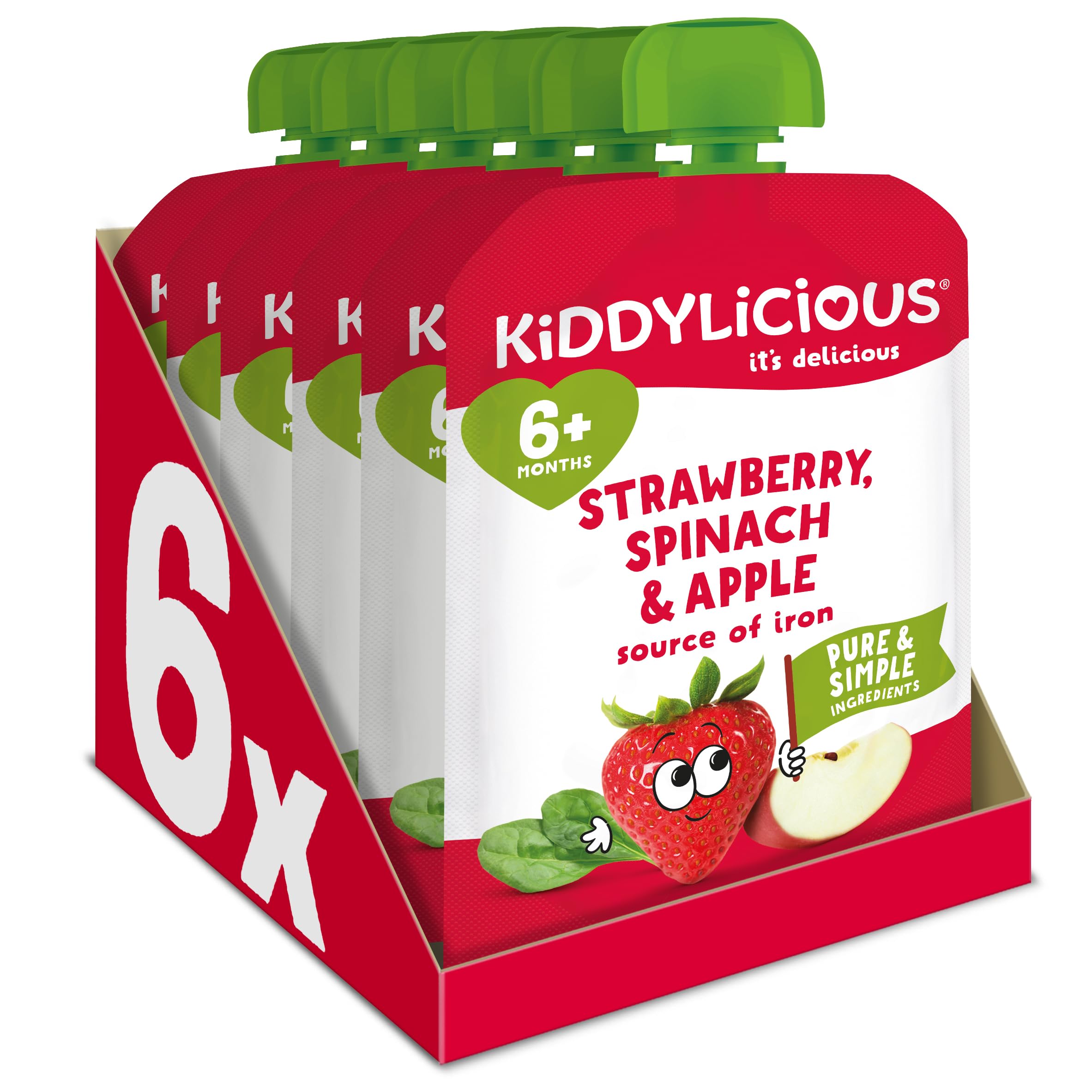 Kiddylicious Apple, Strawberry & Spinach Fruit Pouches - 6 x 100g Pack | Suitable for 6+ Months