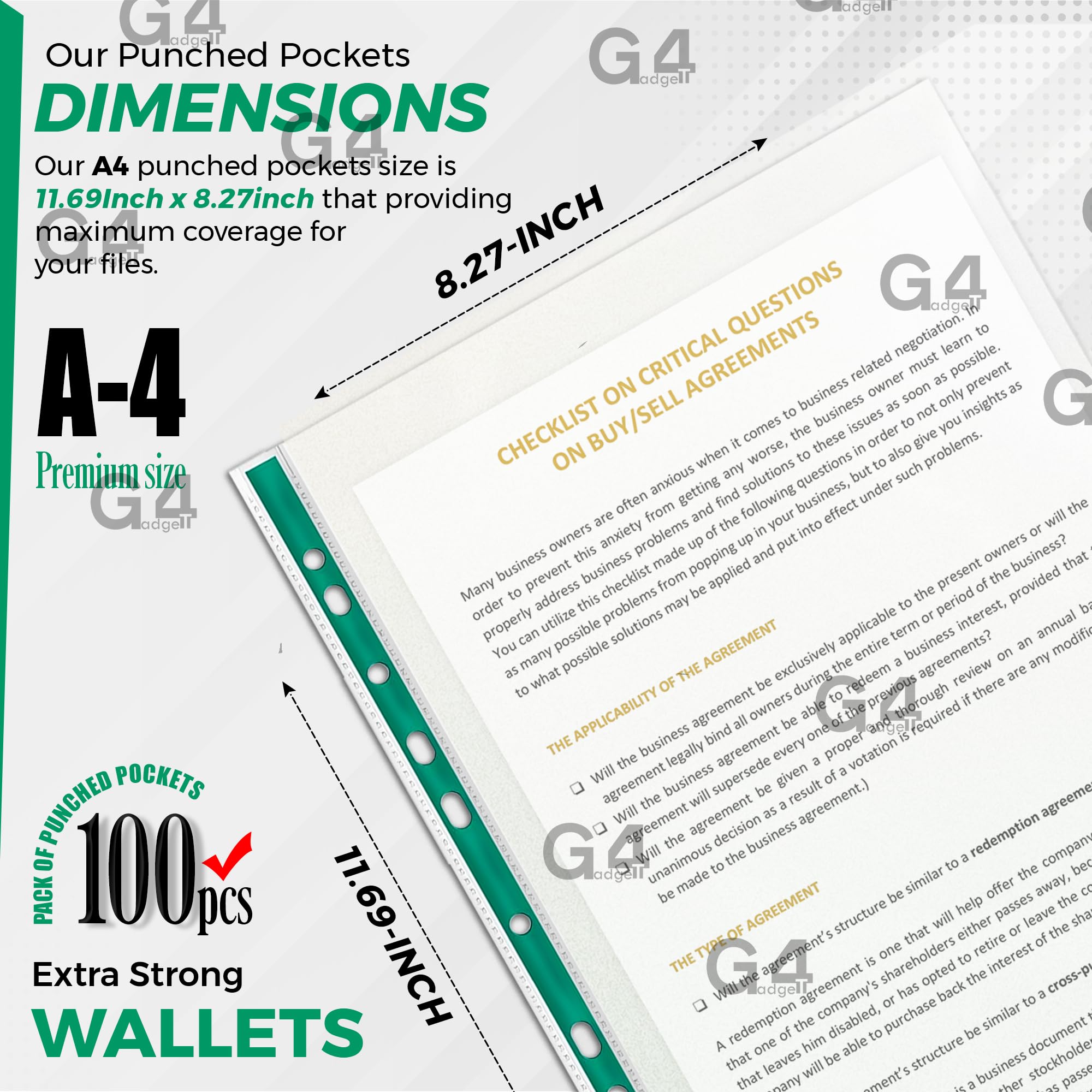 G4GADGET Heavy Duty A4 Sheet Protectors - 100 Pack | Crystal Clear | 90 Micron Polypropylene