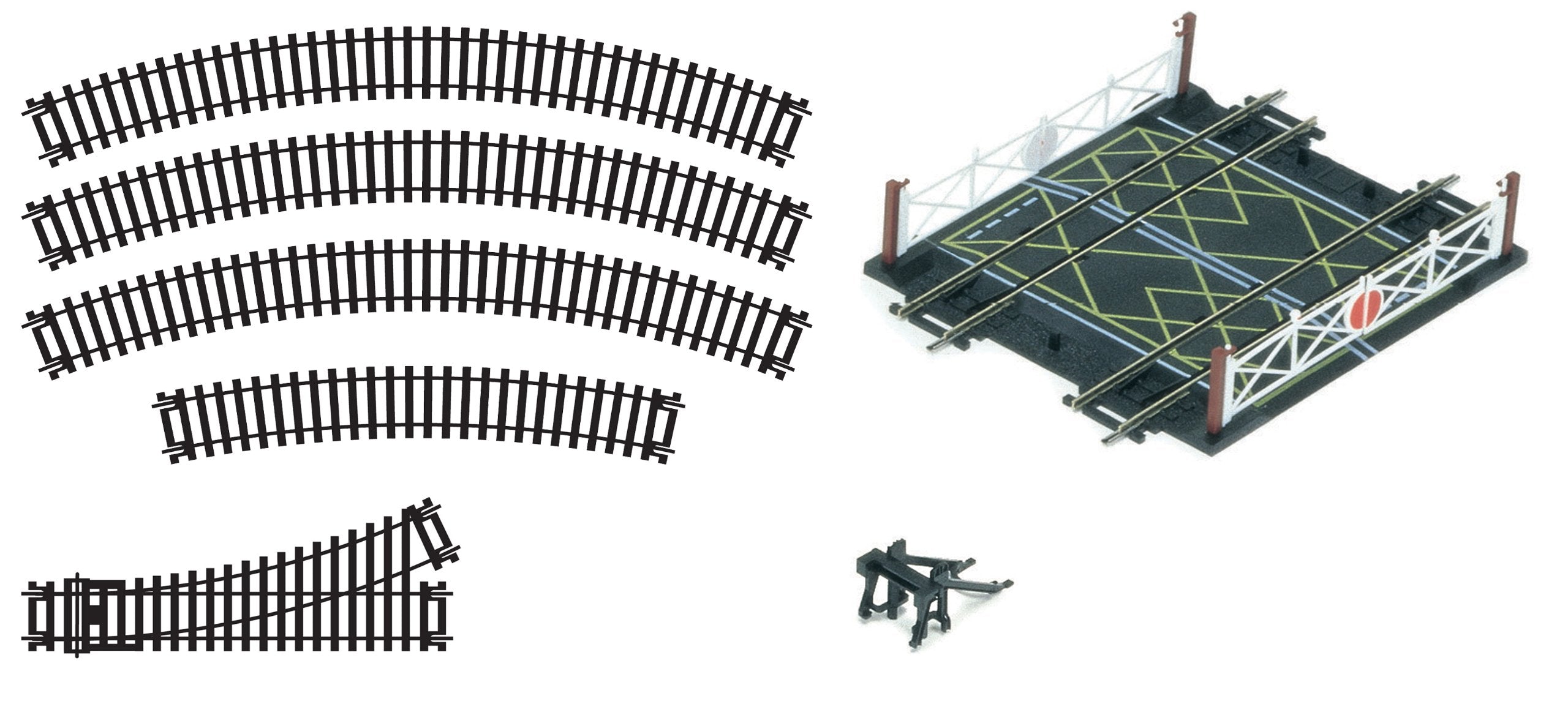 Hornby R8224 OO Gauge Track Extension Pack D – Curves, LH Point, Buffer Stop & Double Level Crossing