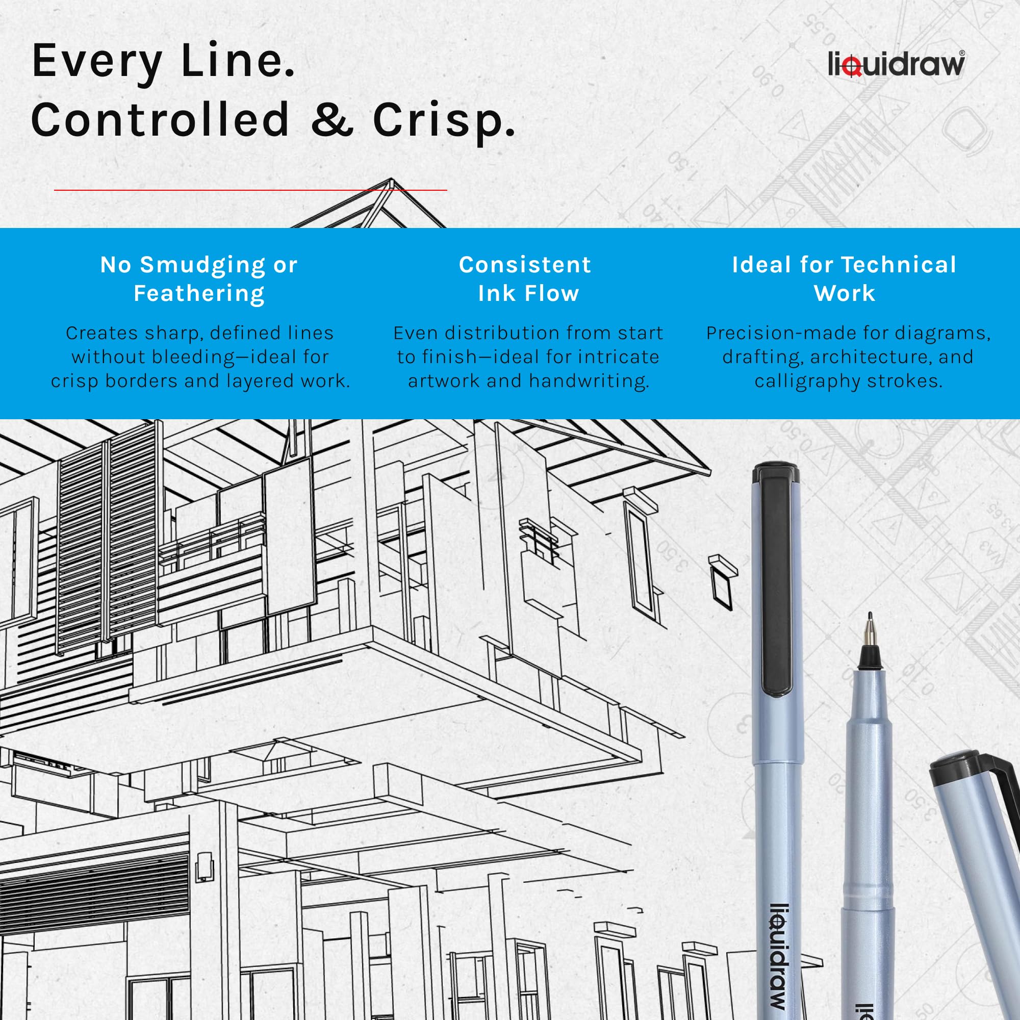 Liquidraw Fineliner Pens Set - 10 Pack Black Ink | 0.5mm Fine Point | Fade Resistant 4