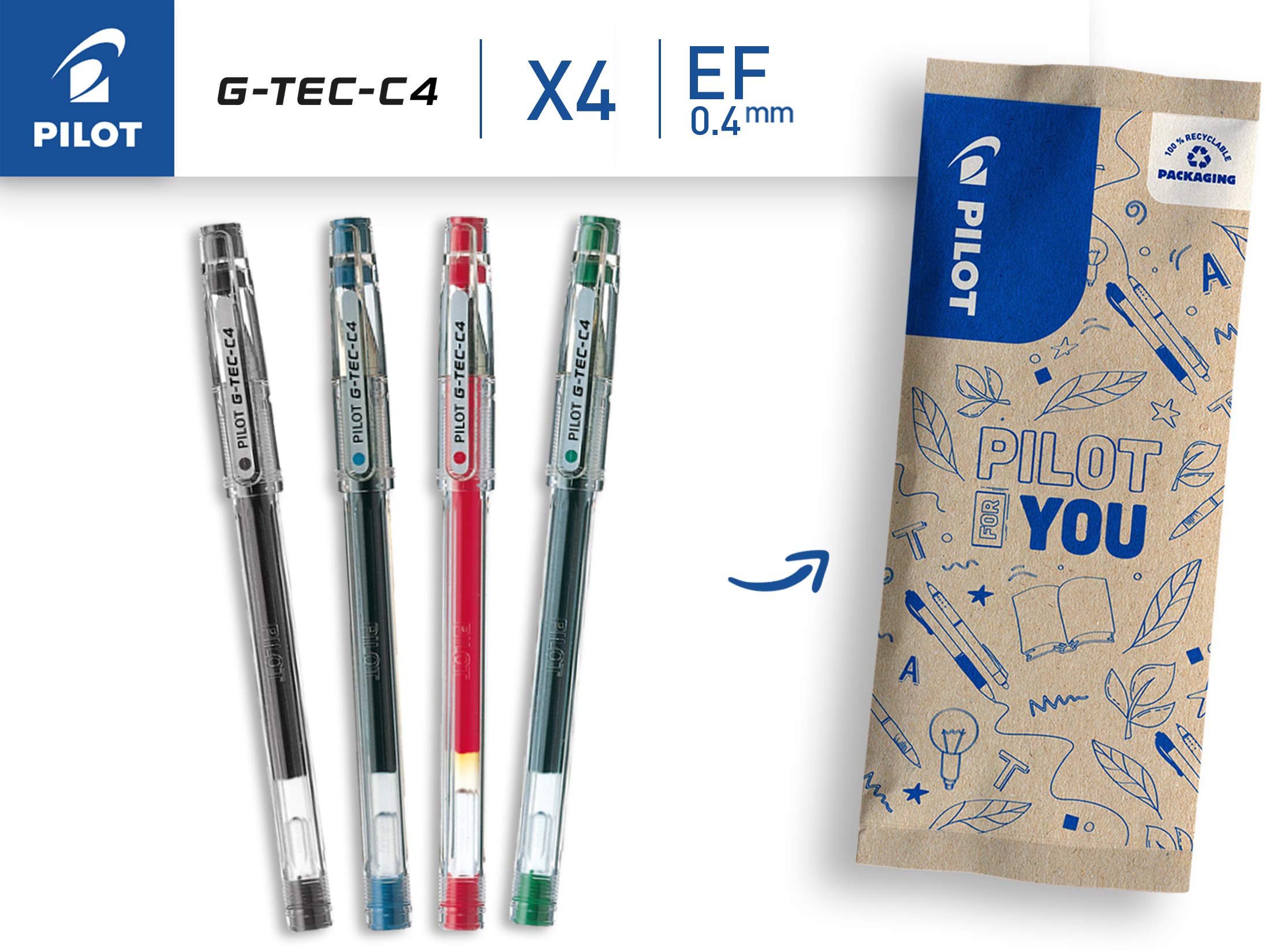 PILOT G-Tec C4 Gel Rollerball Pen Set - 0.4mm Extra Fine Line | Black, Blue, Red, Green | Pack of 4