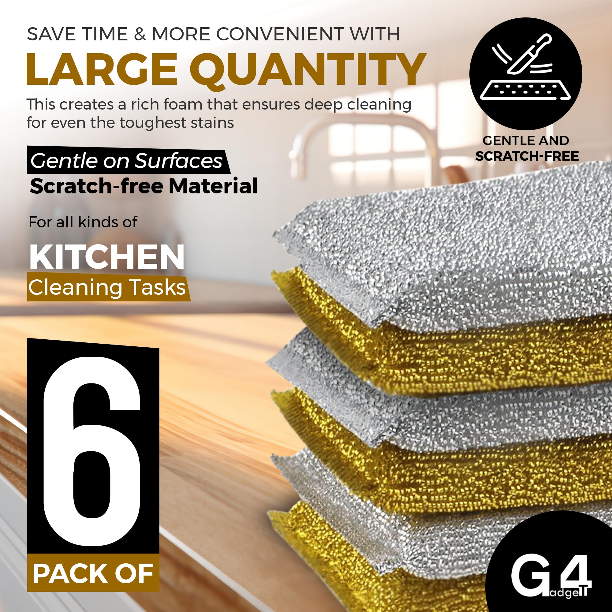 G4GADGET Metallic Scouring Pads - 6 Pack Non-Scratch Polypropylene Kitchen Scourer | Rust-Resistant 5