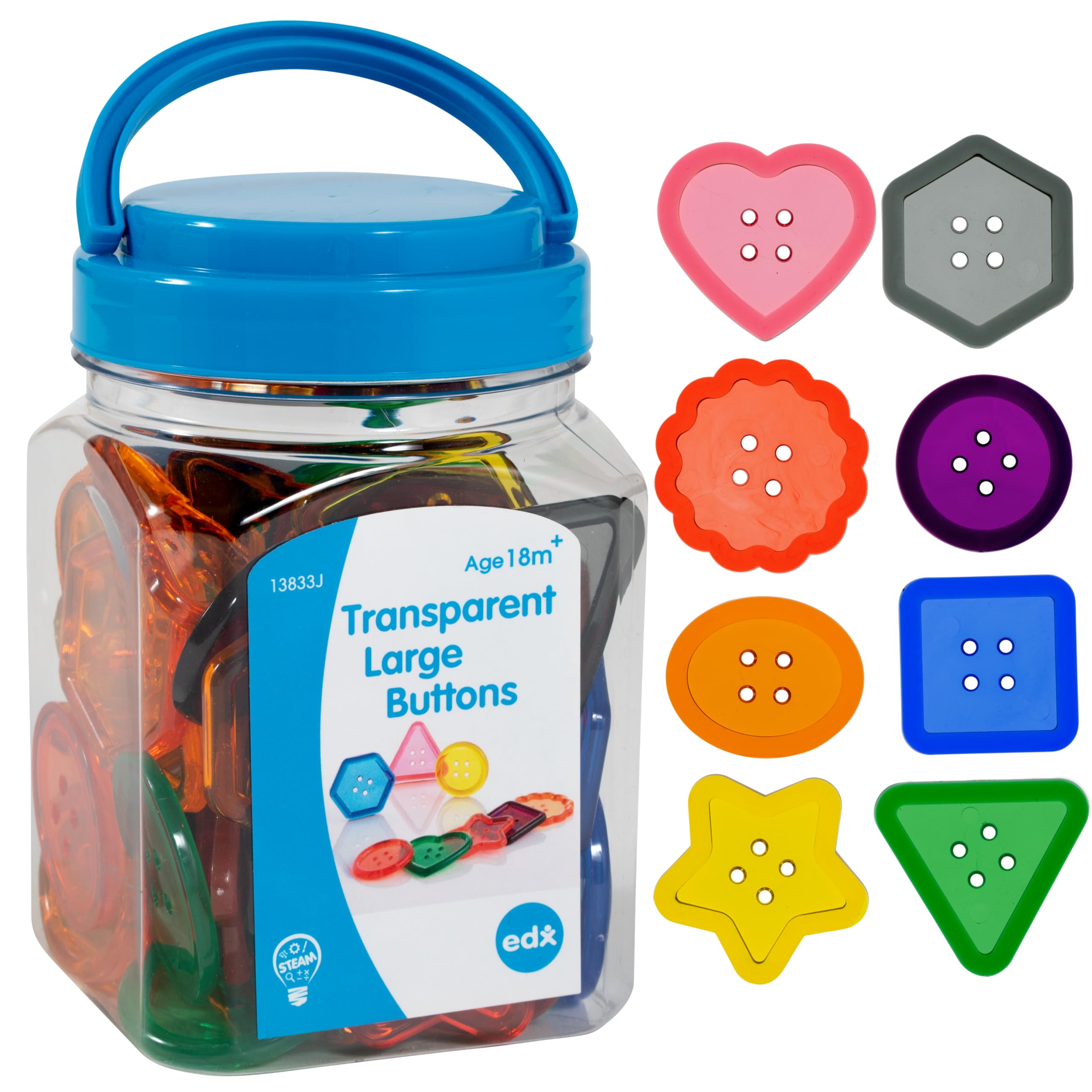 edxeducation Transparent Large Buttons - Set of 60 Mini Jar for Early Development & Colour Exploration