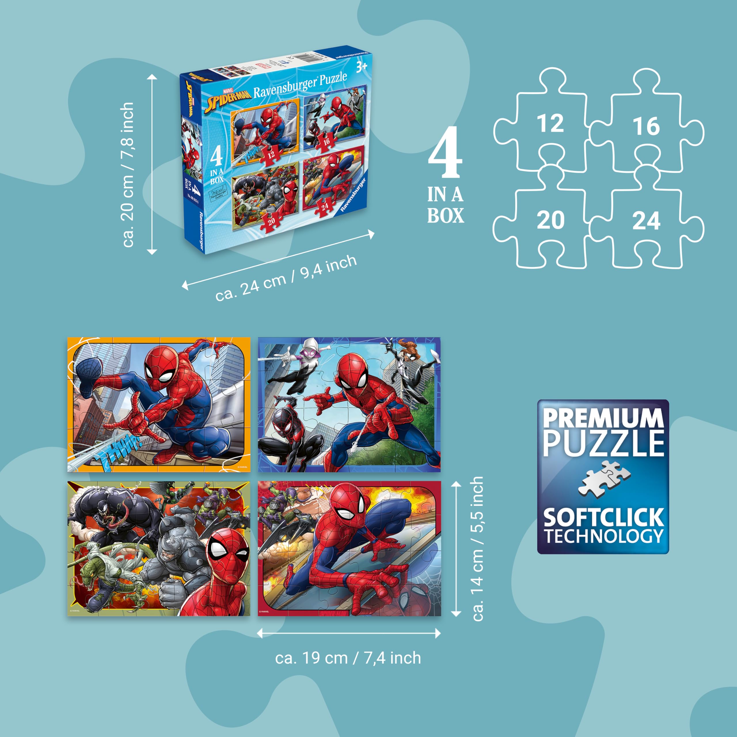 Ravensburger Marvel Spiderman 4 in Box Jigsaw Puzzles | 12, 16, 20, 24 Pieces | Ages 3+ 6