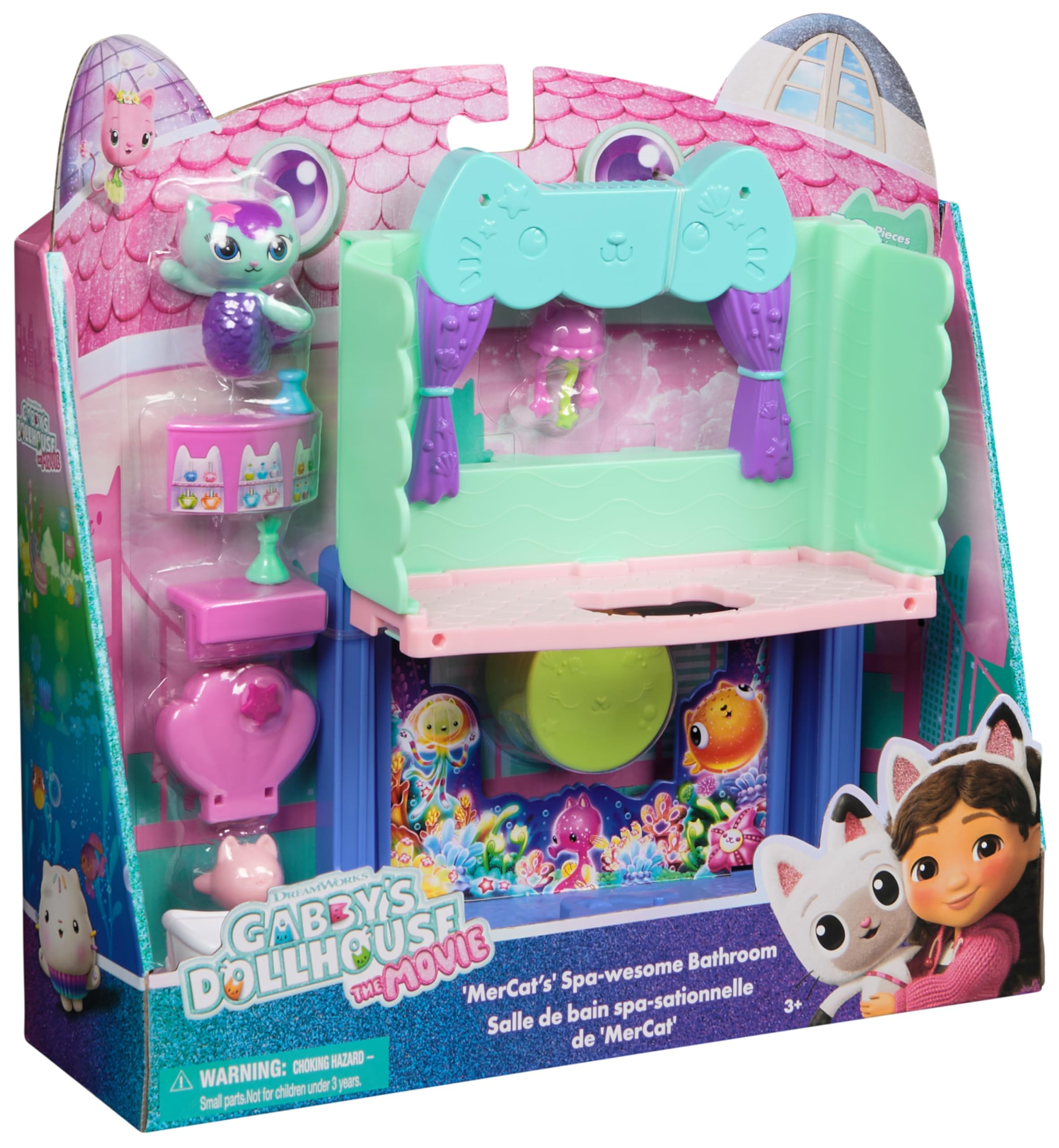DREAMWORKS GABBY'S DOLLHOUSE MerCat's Spa-wesome Bathroom Playset with Figure | 10 Pieces | Ages 3-6