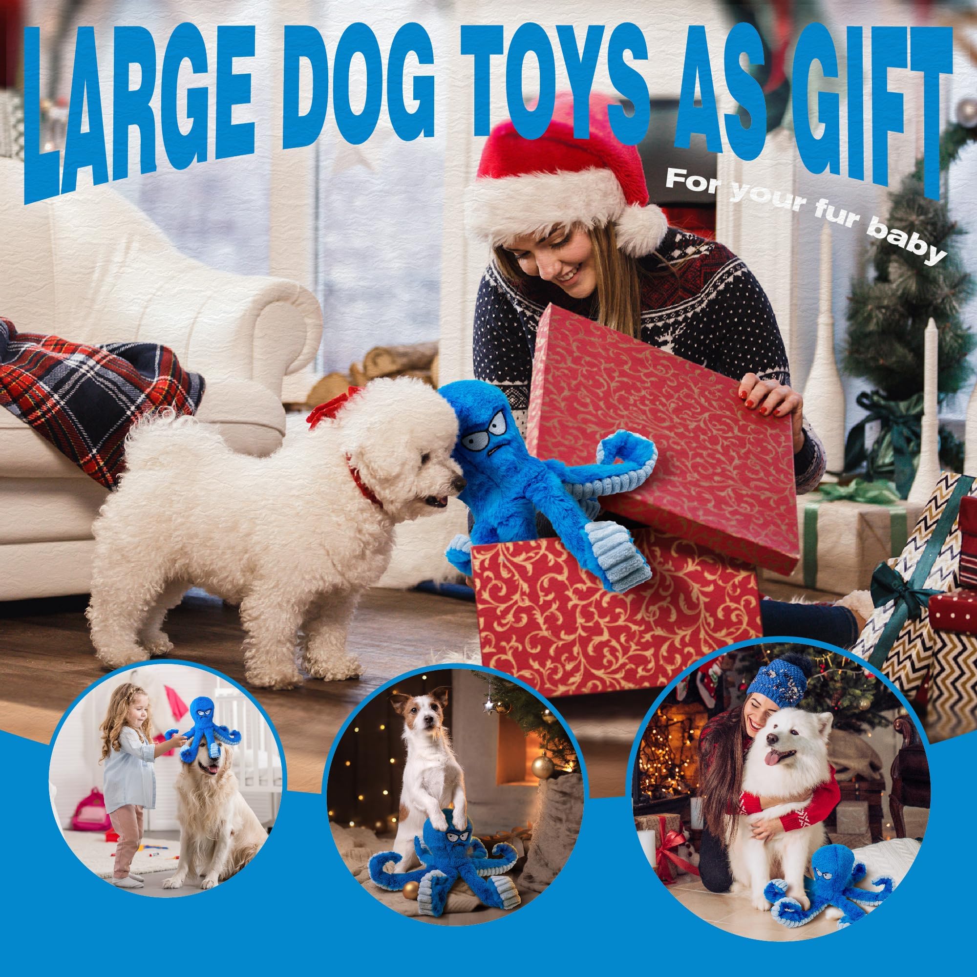 LEGEND SANDY Tough Squeak Dog Toy - Heavy Duty, Waterproof Lining, Blue Octopus 7