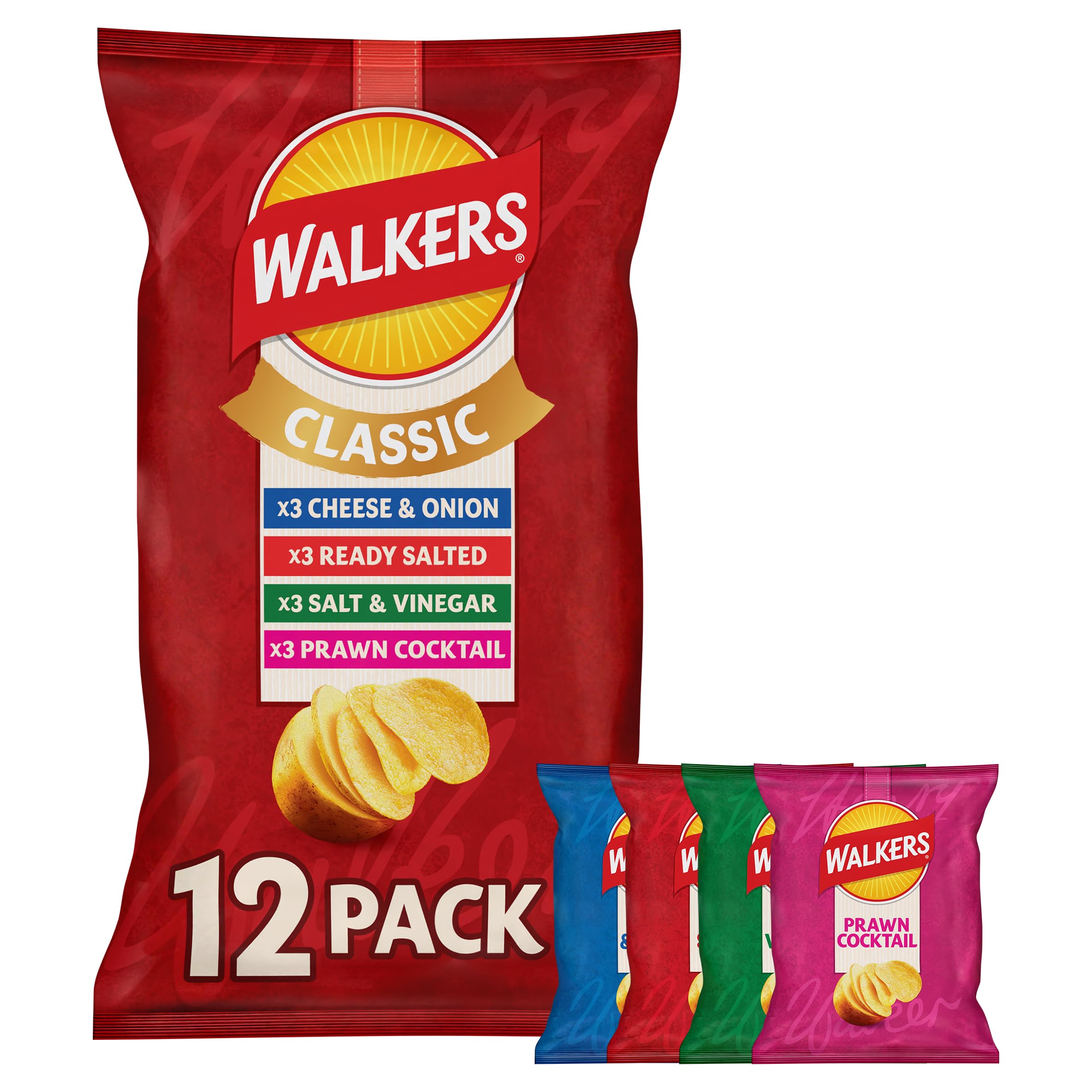 Walkers Classic Pack Crisps Multipack - 12 x 25g Bags with 4 Flavours