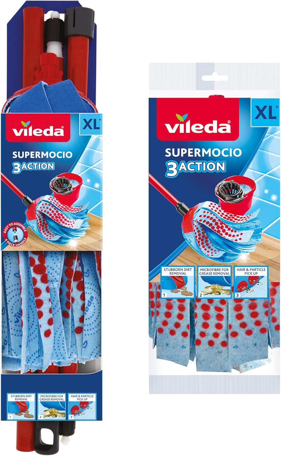 Vileda - SuperMocio 3Action XL Kompaktmopp mit Extra-Nachfüllung, Rot/Blau