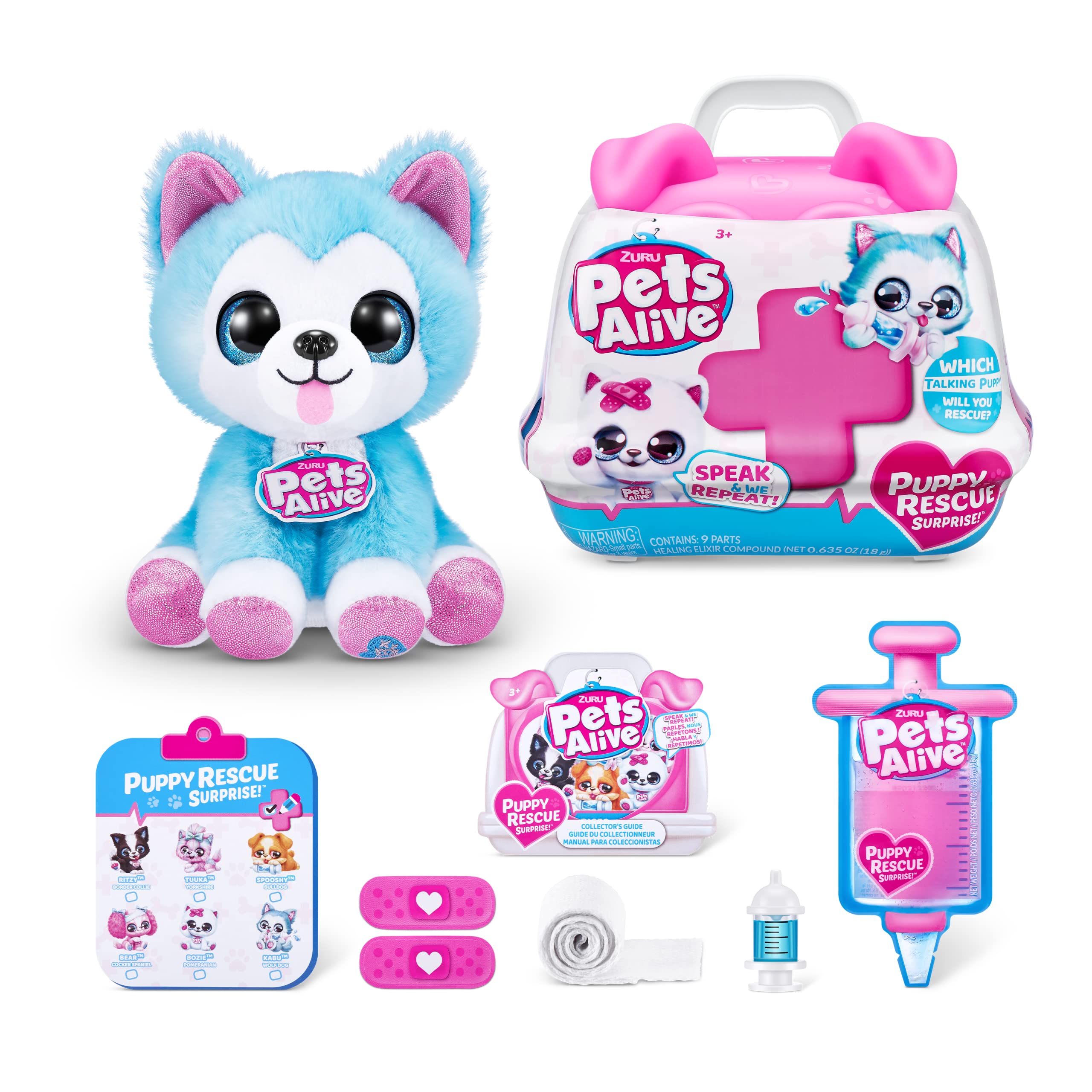 Pets Alive Puppy Rescue Wolf Dog Plush - Interactive Speak & Repeat Toy with Healing Kit, 6 to Collect