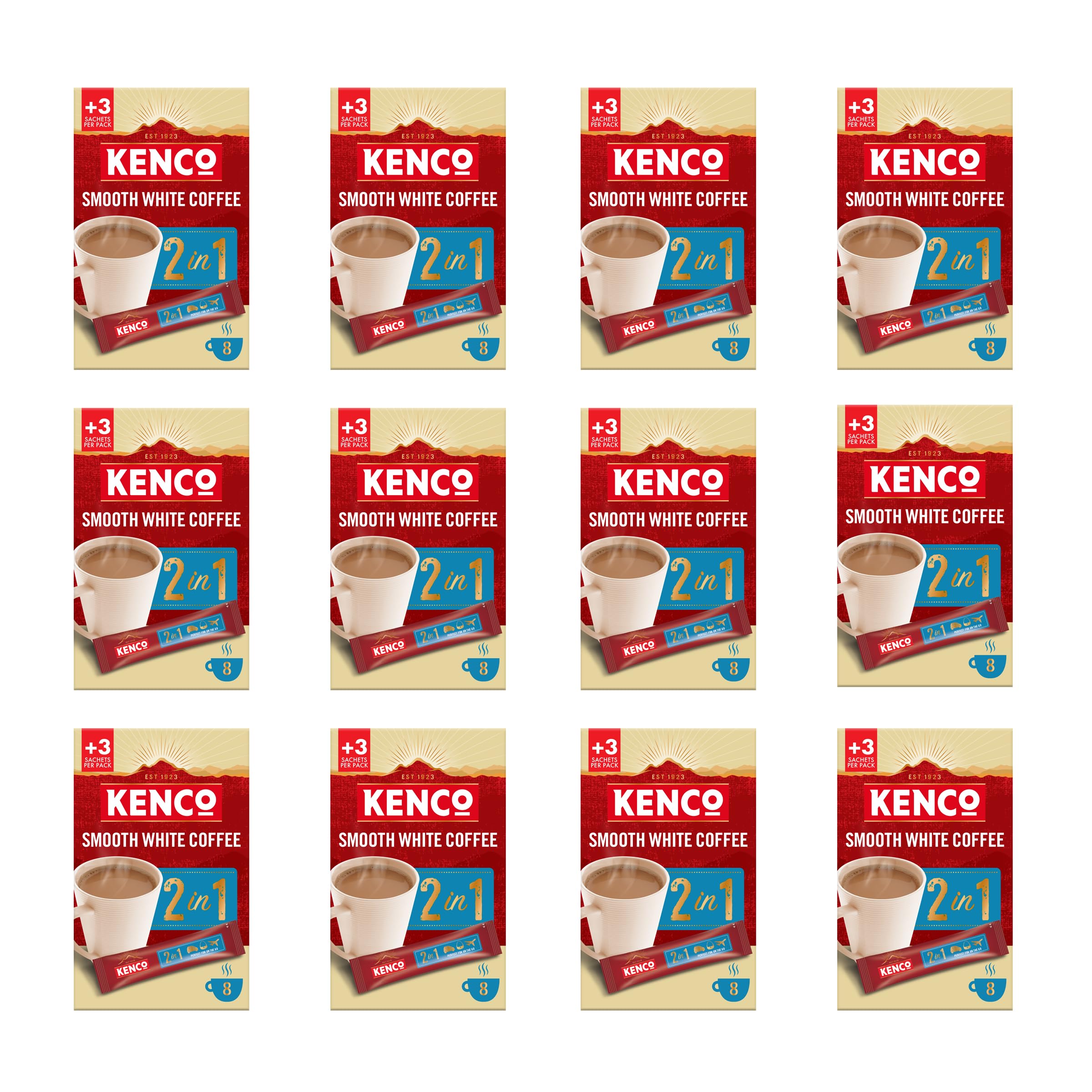 Kenco 2 in 1 Smooth White Instant Coffee Sachets - 96 Total Sachets (12 x 8-Count Packs)