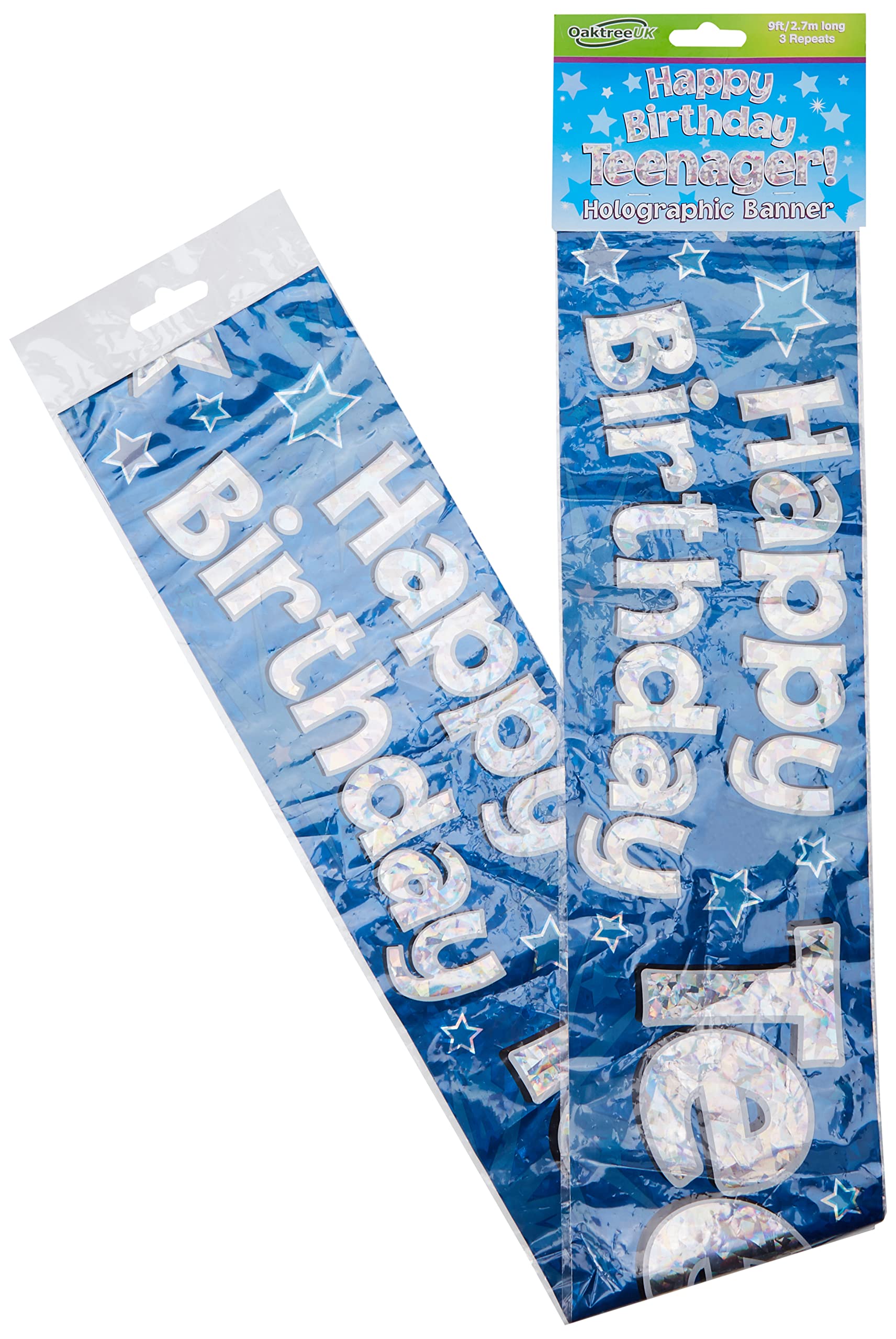 OakTree Happy Birthday Teenager Banner - 9ft Blue Foil Holographic | Foldable