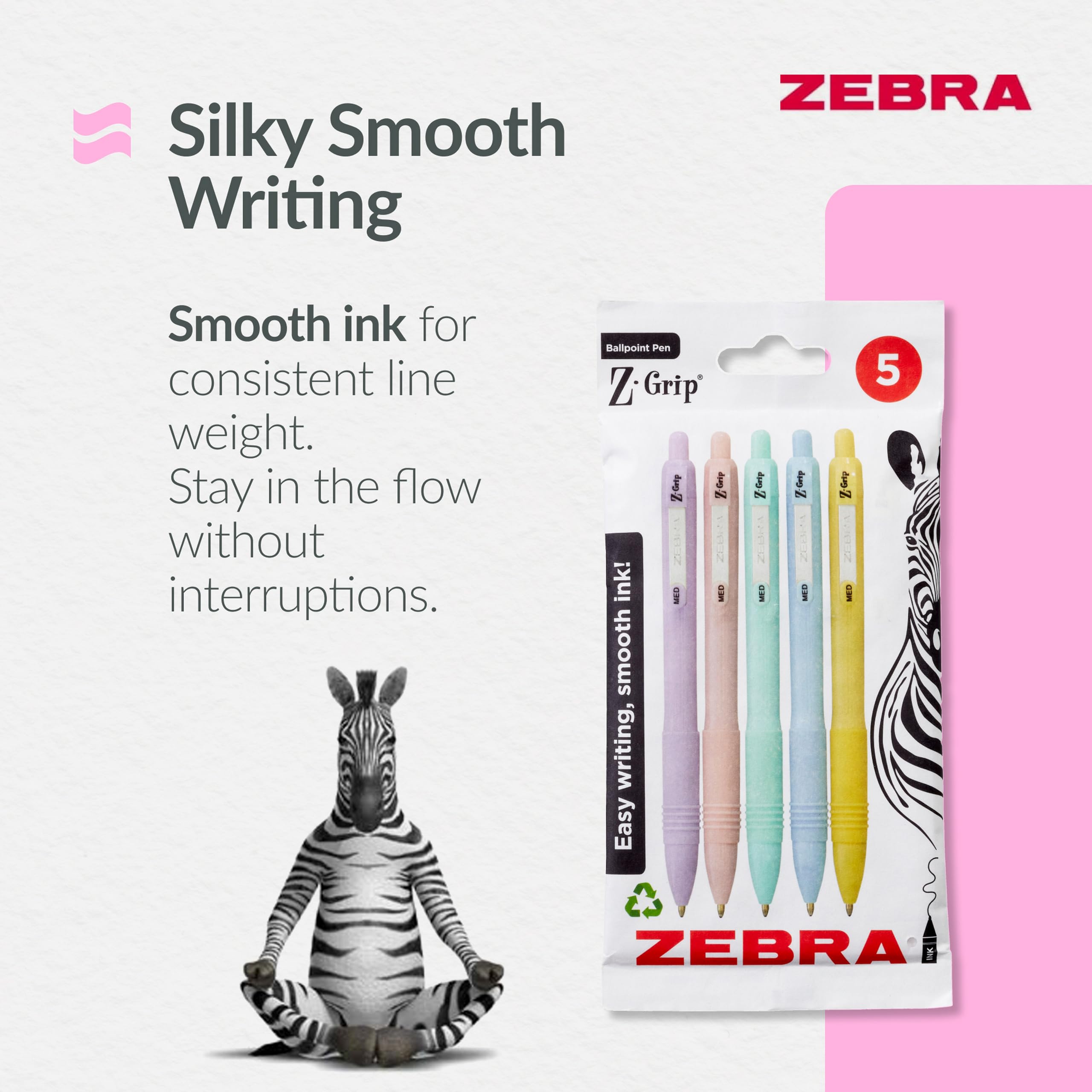 Zebra Pen Z-GRIP Smooth Ballpoint Pens Black Ink 5pk - Pastel Barrel 1mm Me 4
