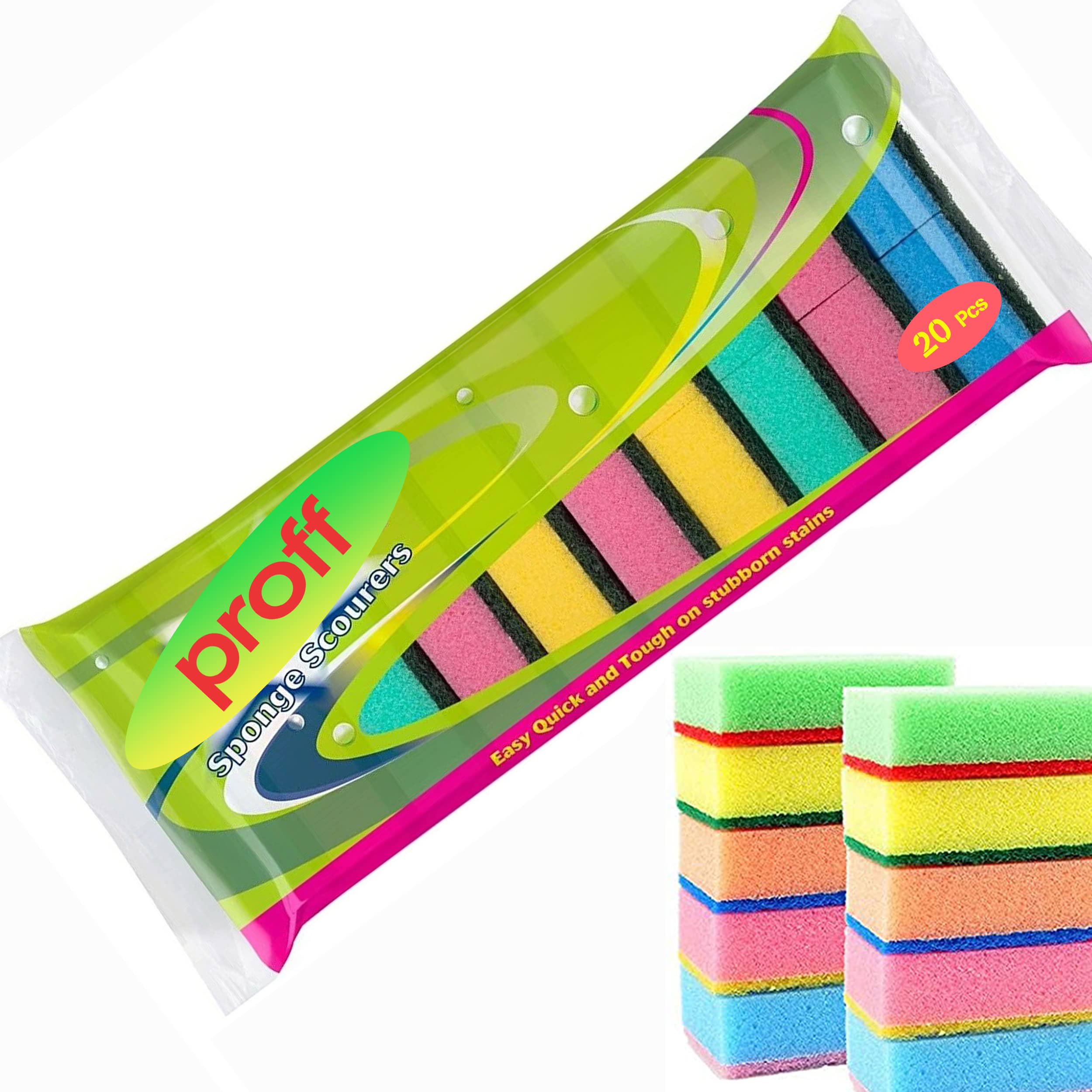 Proff Cleaning & Washing up Sponge Scourers - Dual Sided Foam, Mix Colours | Pack of 20