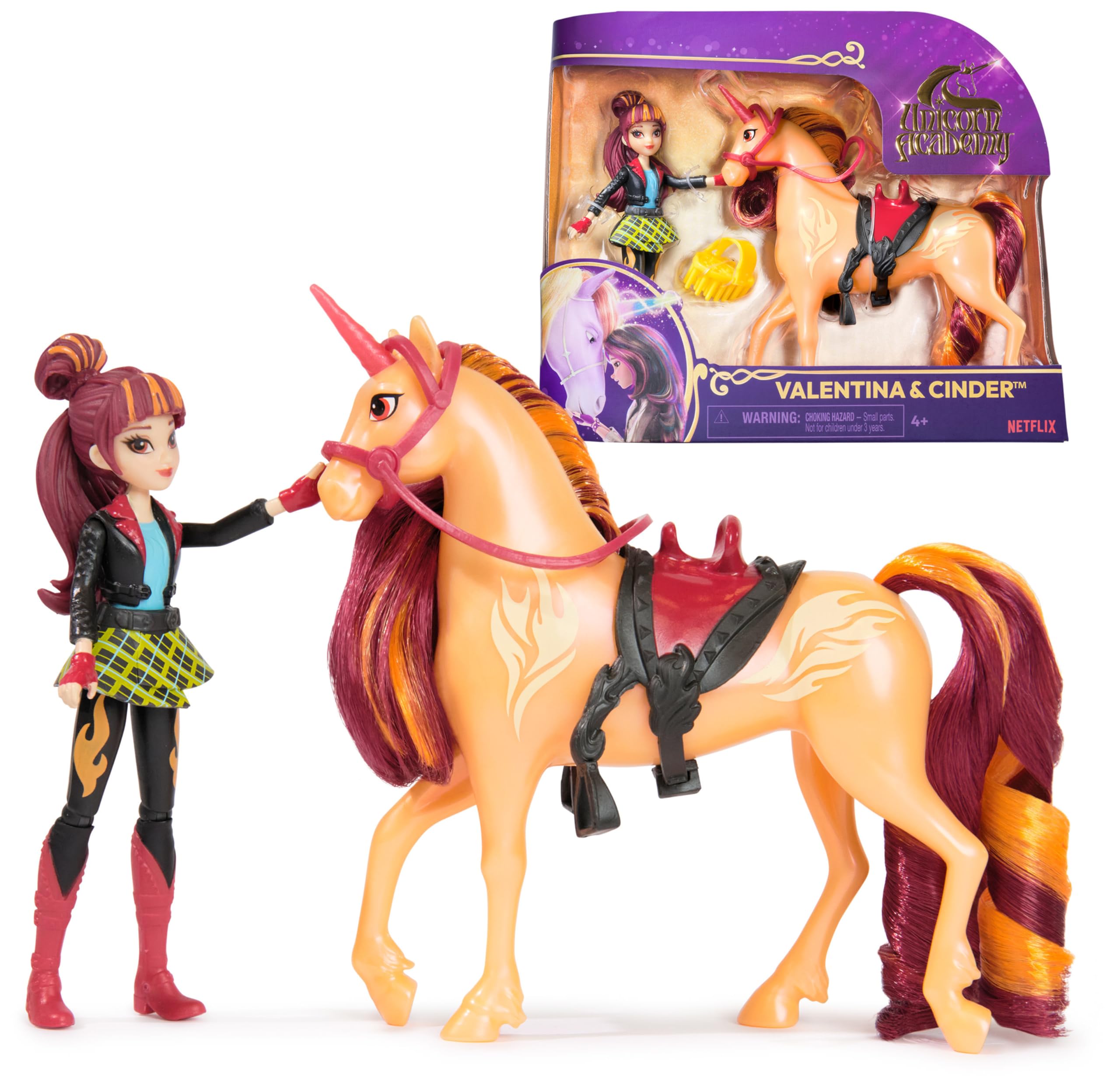 Unicorn Academy Valentina & Cinder Playset with 2 Riding Accessories and Hair Styling Tool | Ages 4+