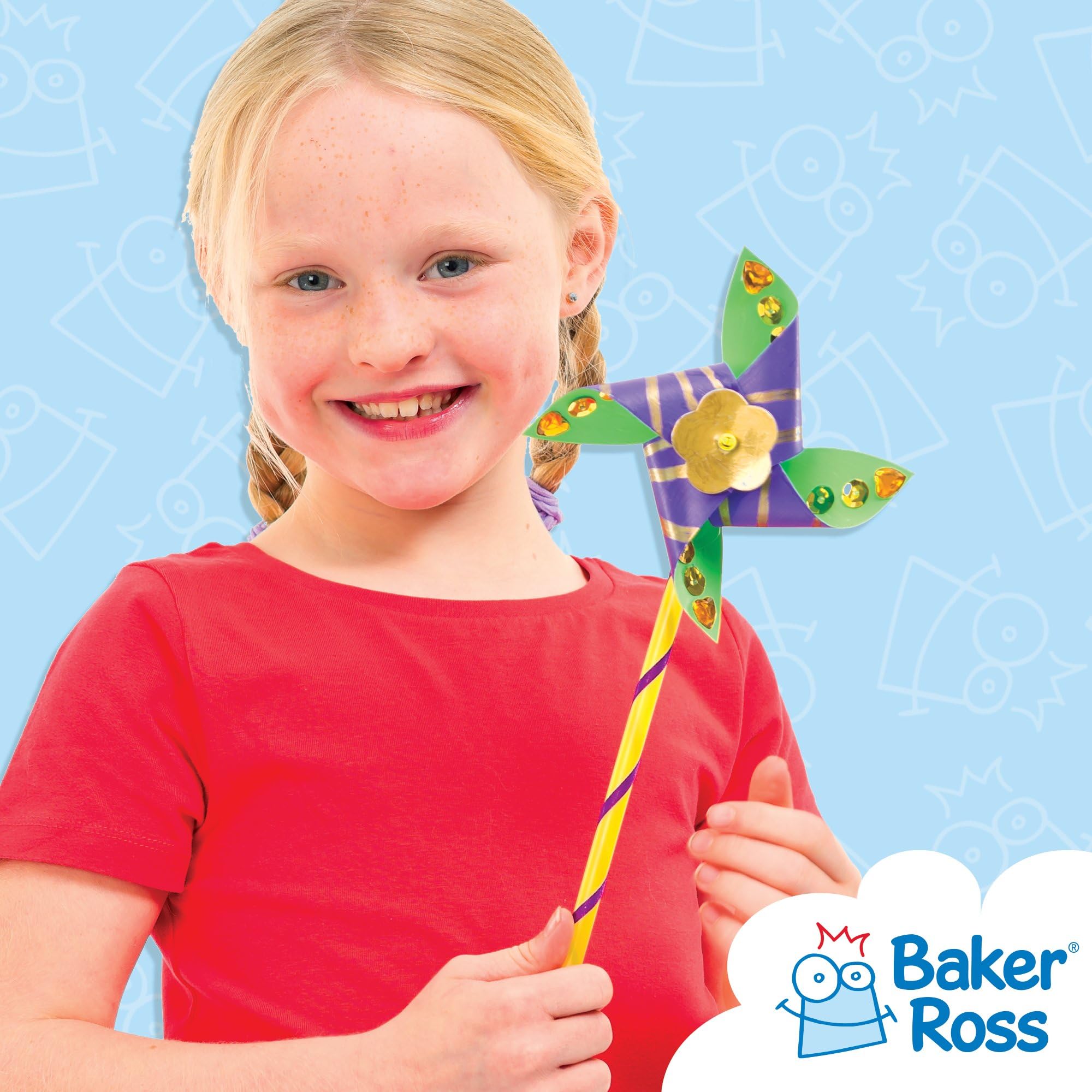 Baker Ross Windmill Craft Activity Pack - Make Your Own Pinwheel Kit for Kids to Decorate | Pack of 8 | Ages 3+ 4
