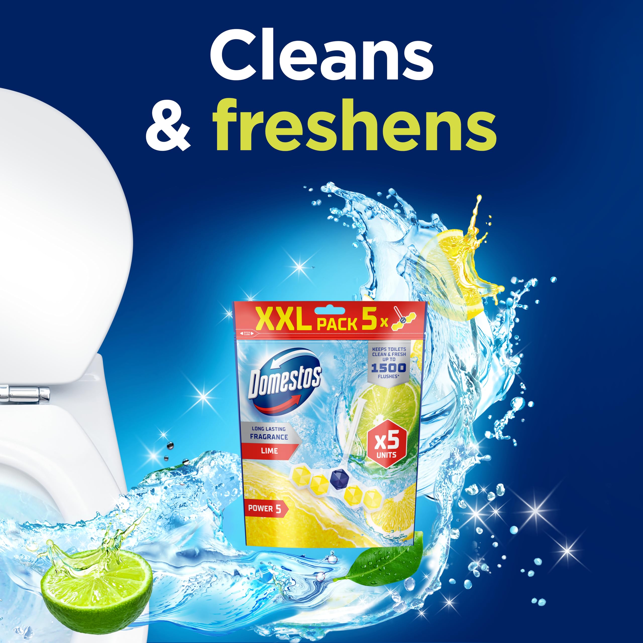 Domestos Power 5 Lime Toilet Rim Blocks - 5 Benefits, 300 Flushes, Limescale Prevention 5