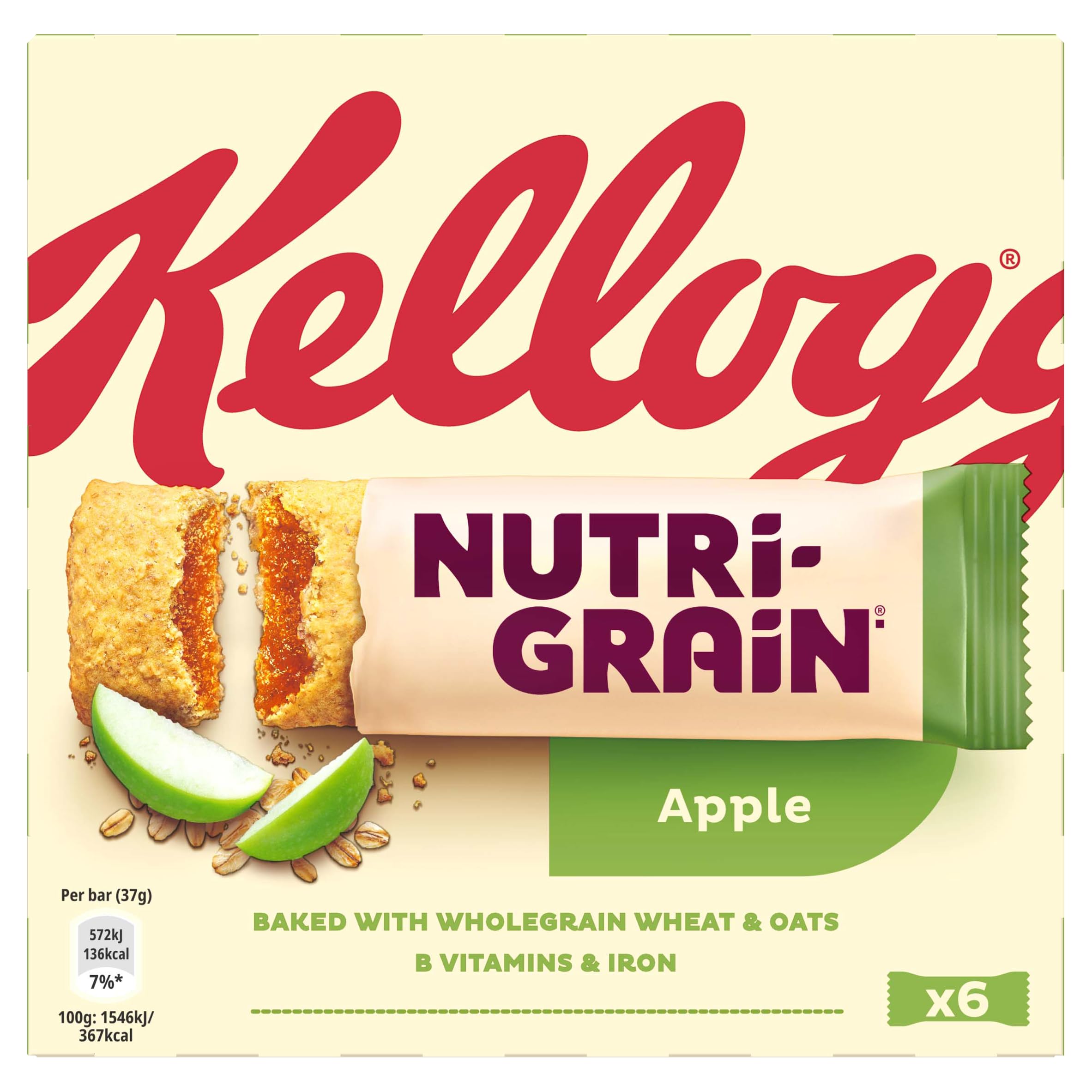 Kellogg's Nutri Grain Fruity Apple Breakfast Bars - Wholegrain & Vitamin B12 | 6 x 37g Bars