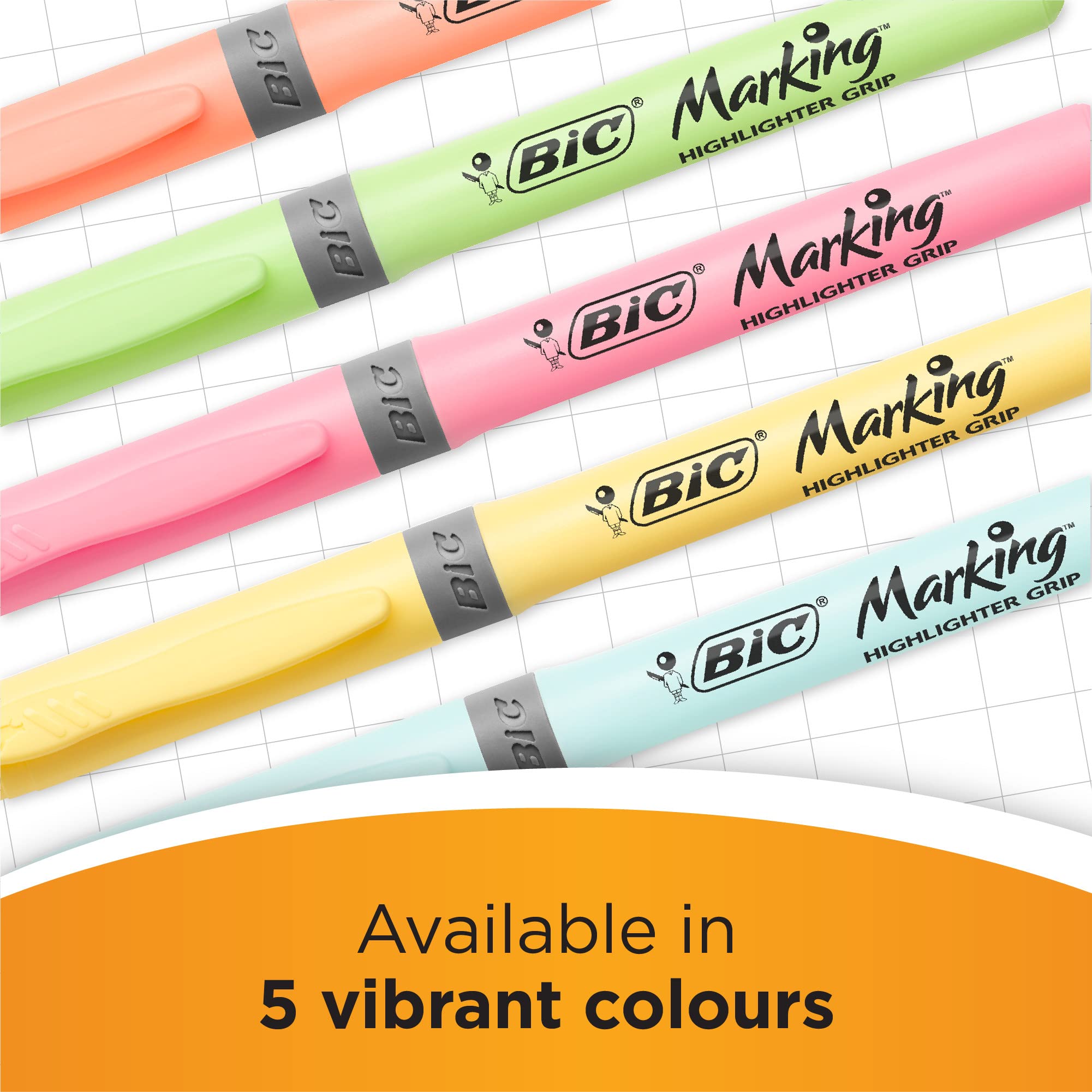 BIC Highlighter Grip Pastel Marker Pens - Adjustable Chisel Tip, Water-Based Ink | Pack of 6 4