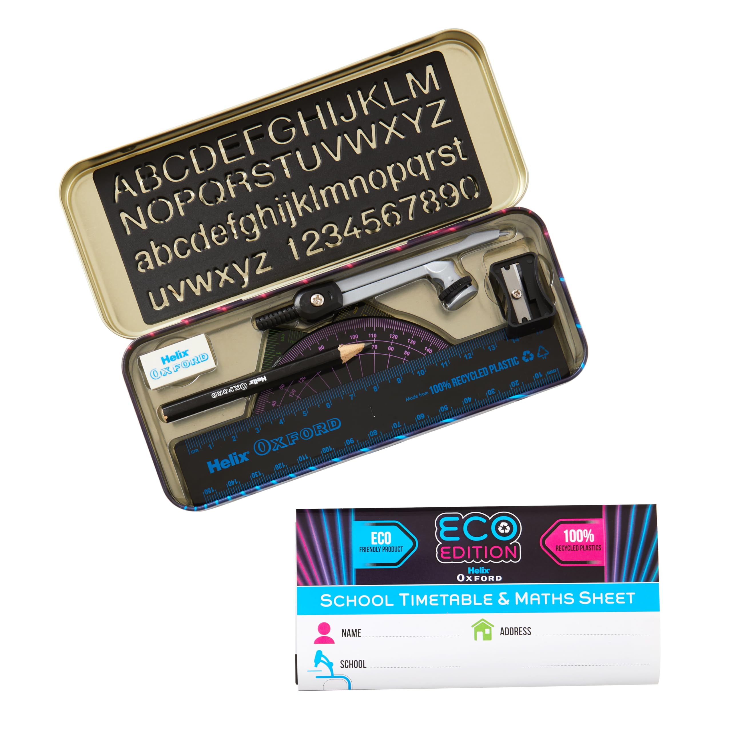 Helix Oxford Cyber Eco Maths Set - 9 Piece Geometry Set with Recycled Contents | Metal Tin | Model 170556