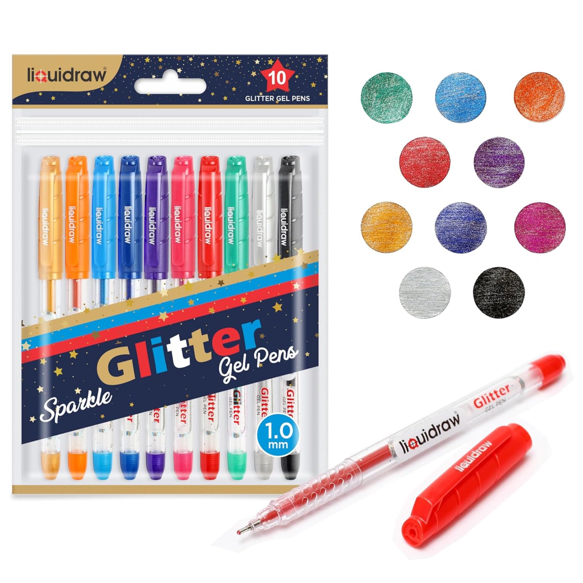 Liquidraw Glitter Gel Pens - Set of 10 | 1.0mm Fine Point | Multicoloured Ink