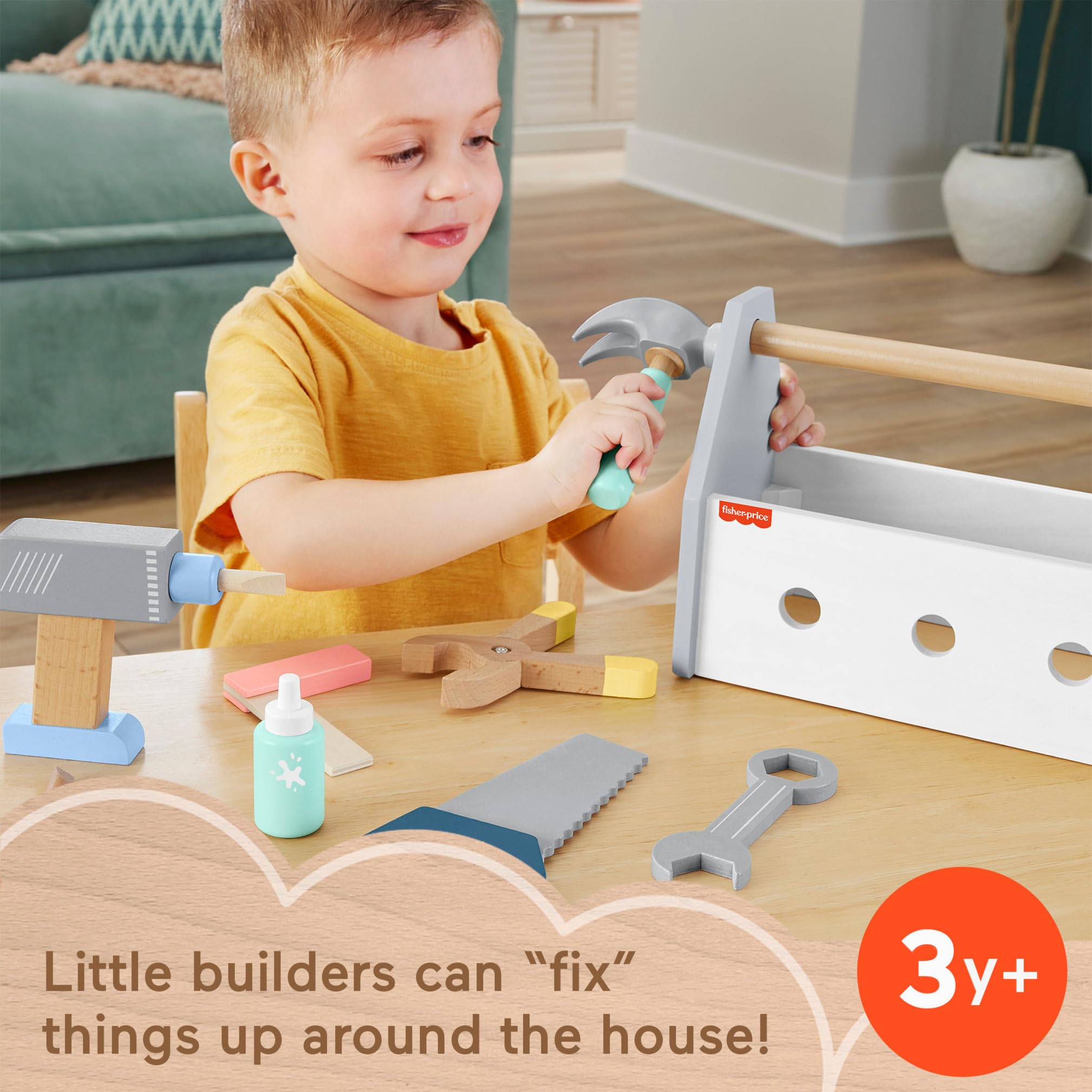 Fisher-Price Wood Pretend Play Toy Tool Box with Drill, 9-Piece Wooden Set | Ages 3+ 3
