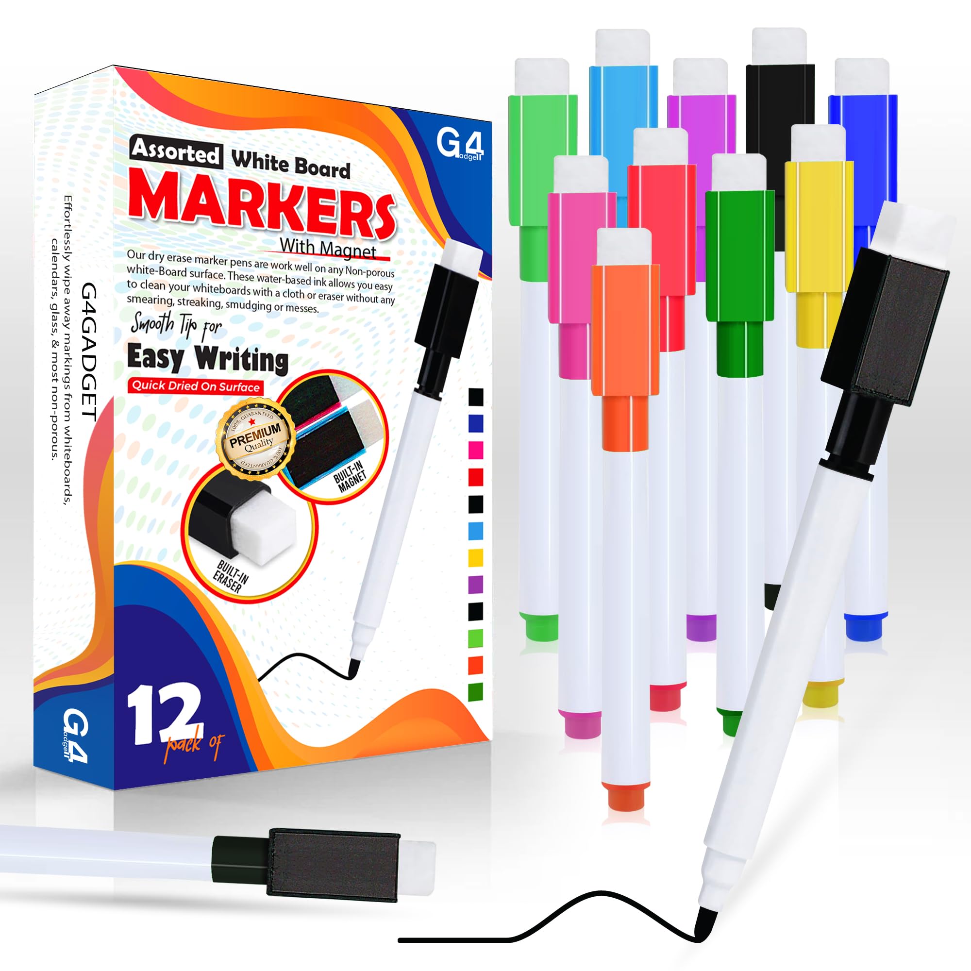 G4GADGET 12 Pack Dry Erase Markers - Magnetic Cap & Built-in Eraser | Assorted Colors