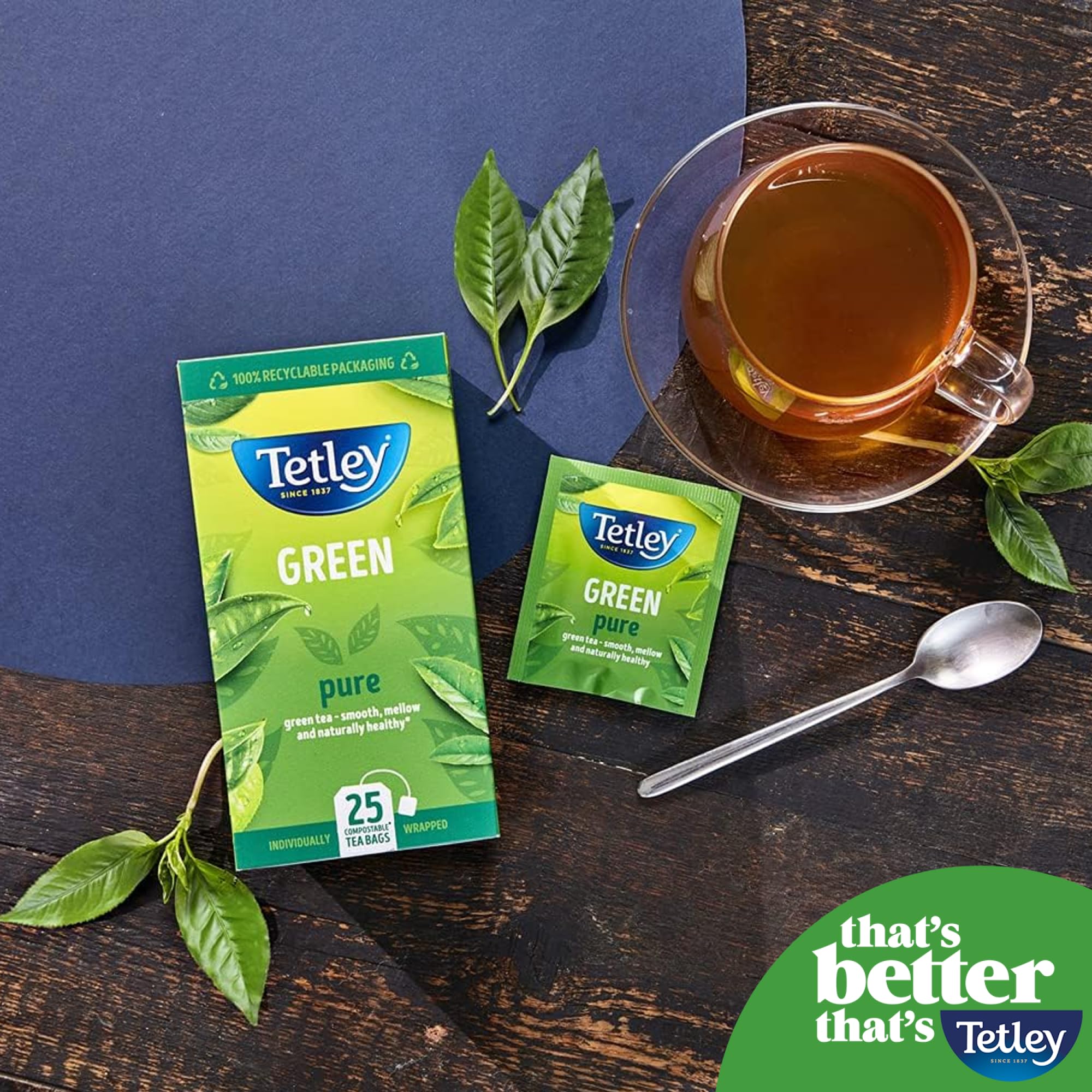 Tetley Pure Green Tea Bags - Naturally Smooth & Refreshing | 150 Bags (6x25) | Antioxidant-Rich