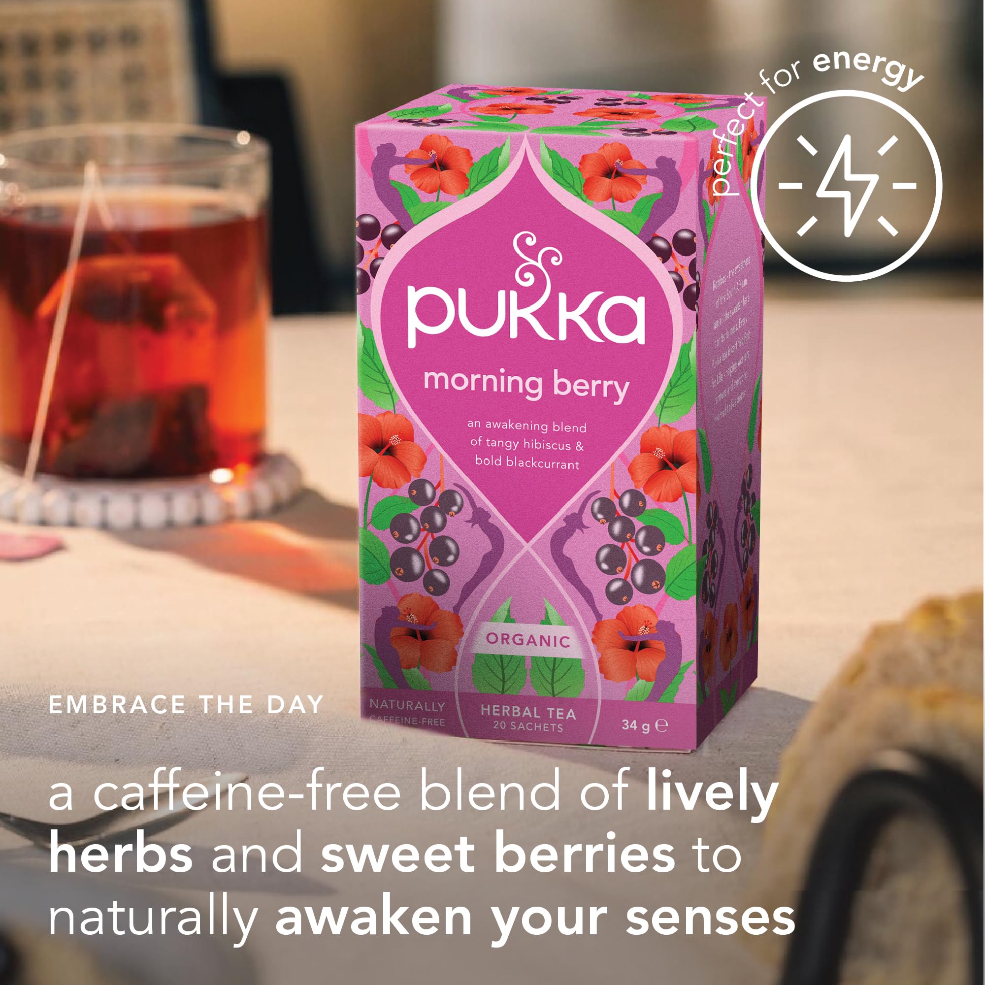 Pukka Herbs Morning Berry Organic Herbal Tea Blend - Caffeine-Free, Active Energy Range | 34g 3