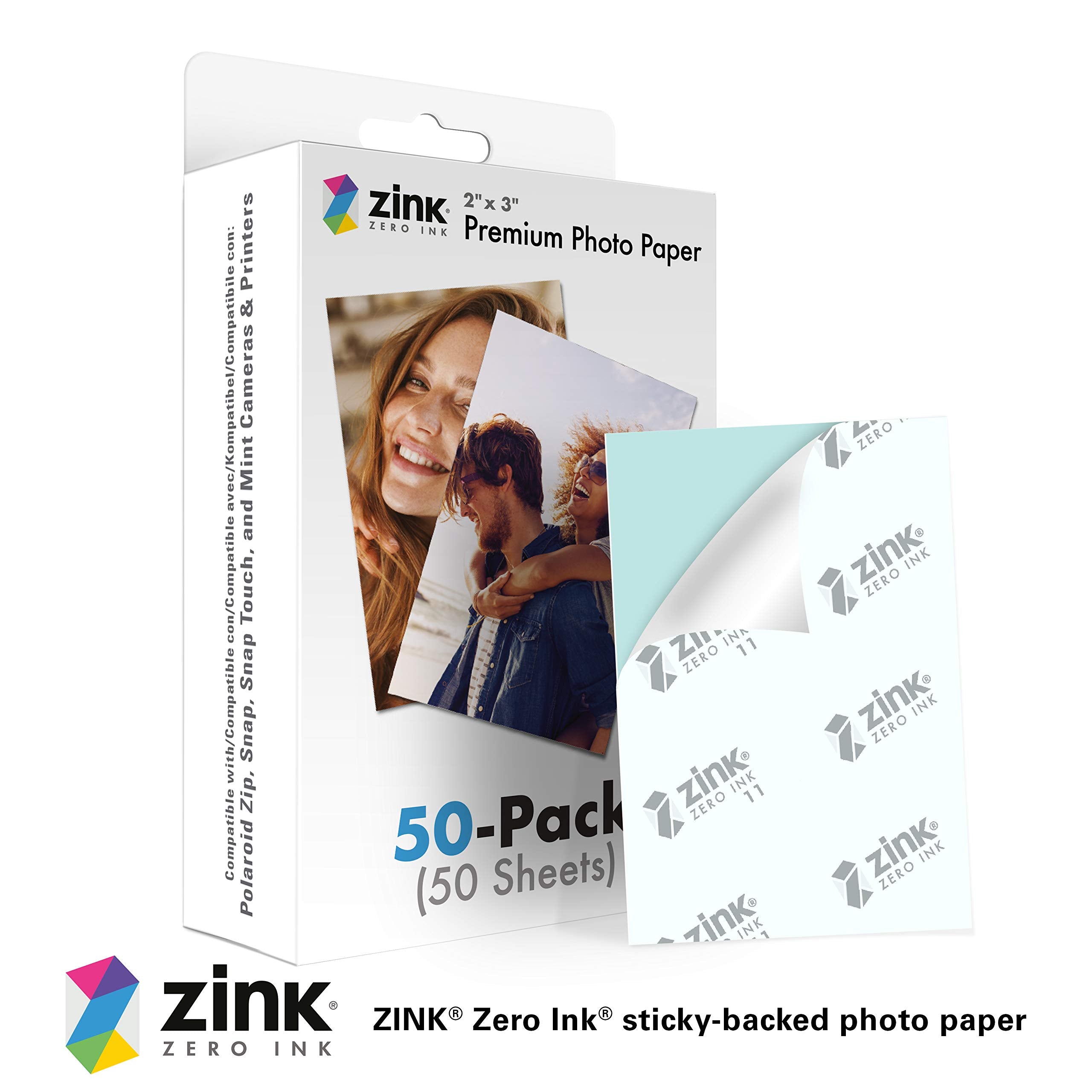 Zink Premium Photo Paper - 2" x 3" Size, 50-Pack | Zero Ink Technology | Sticky-Back