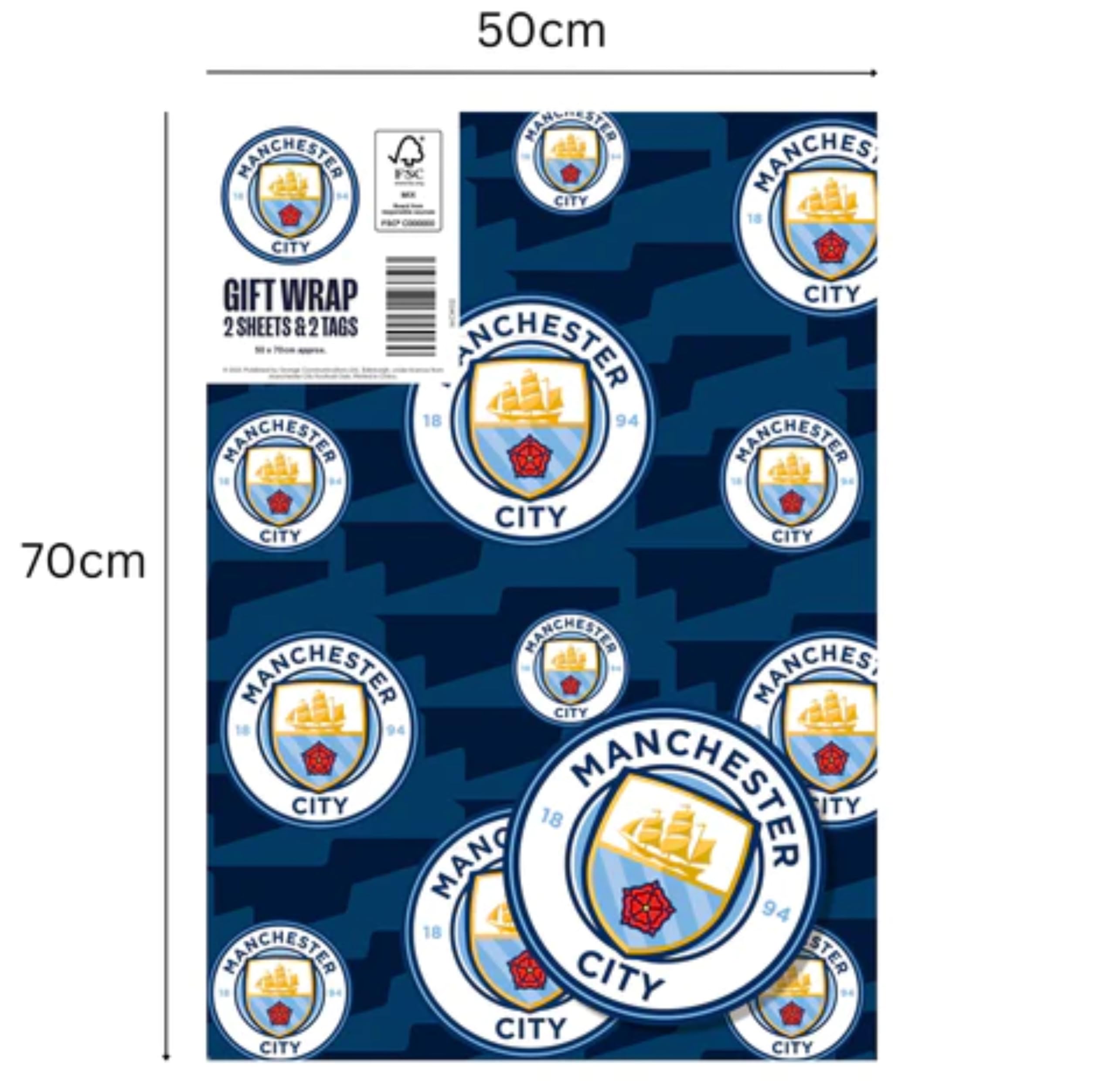 Danilo Promotions LTD Manchester City FC Wrapping Paper - 2 Sheets (70x50cm) | Blue Crest Pattern 3