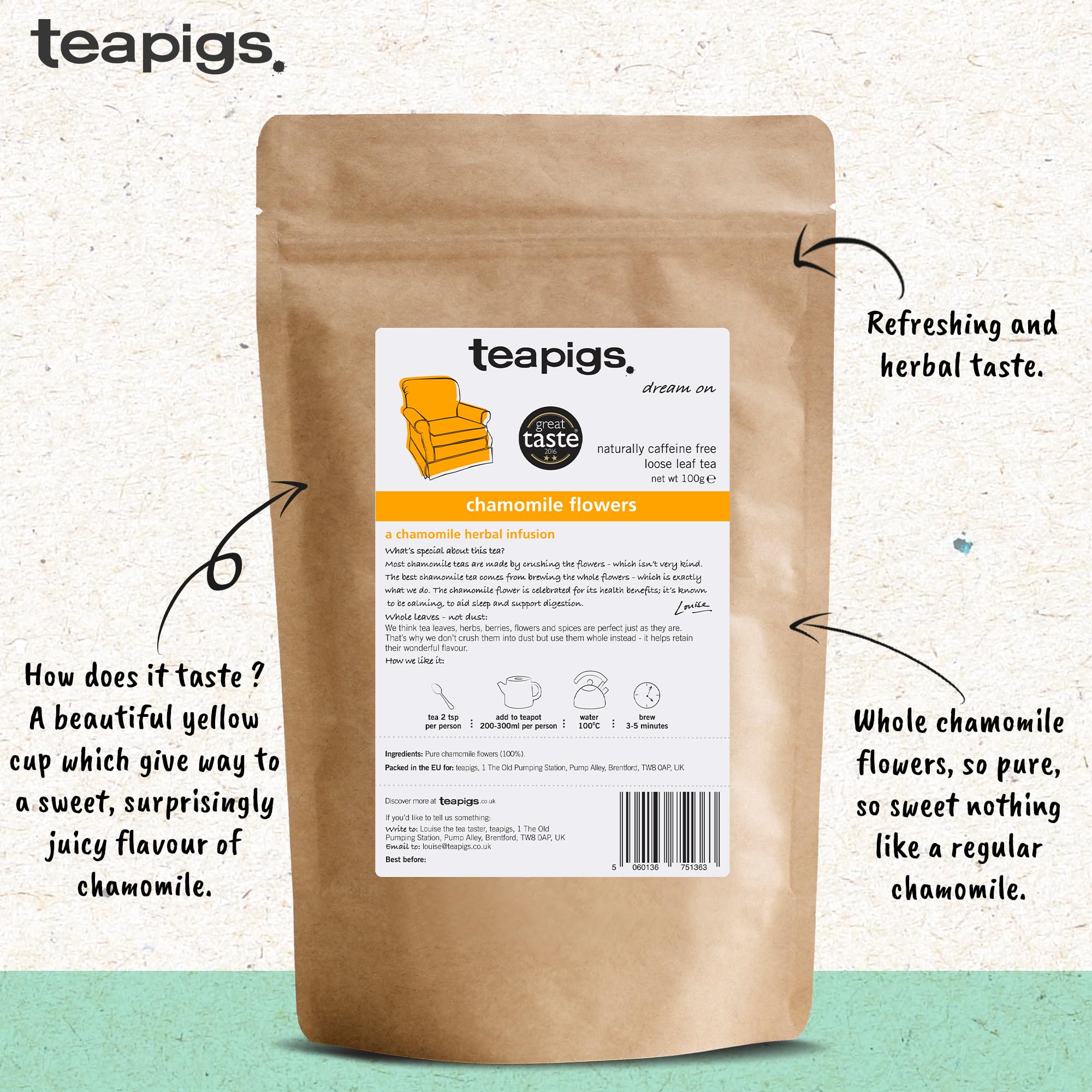 teapigs Chamomile Loose Leaf Herbal Tea - Caffeine-Free for Sleep & Digestion | 100g Pack 3