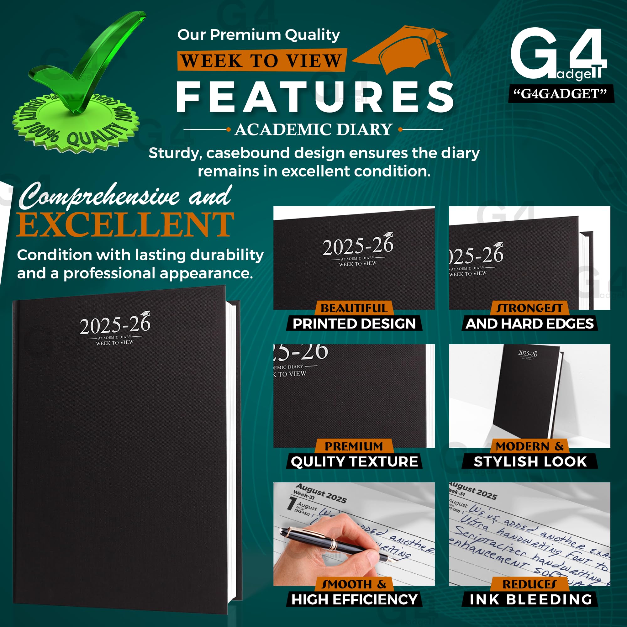 G4GADGET 2025-2026 Academic Diary | A4 Week to View | Black Case Binding 4