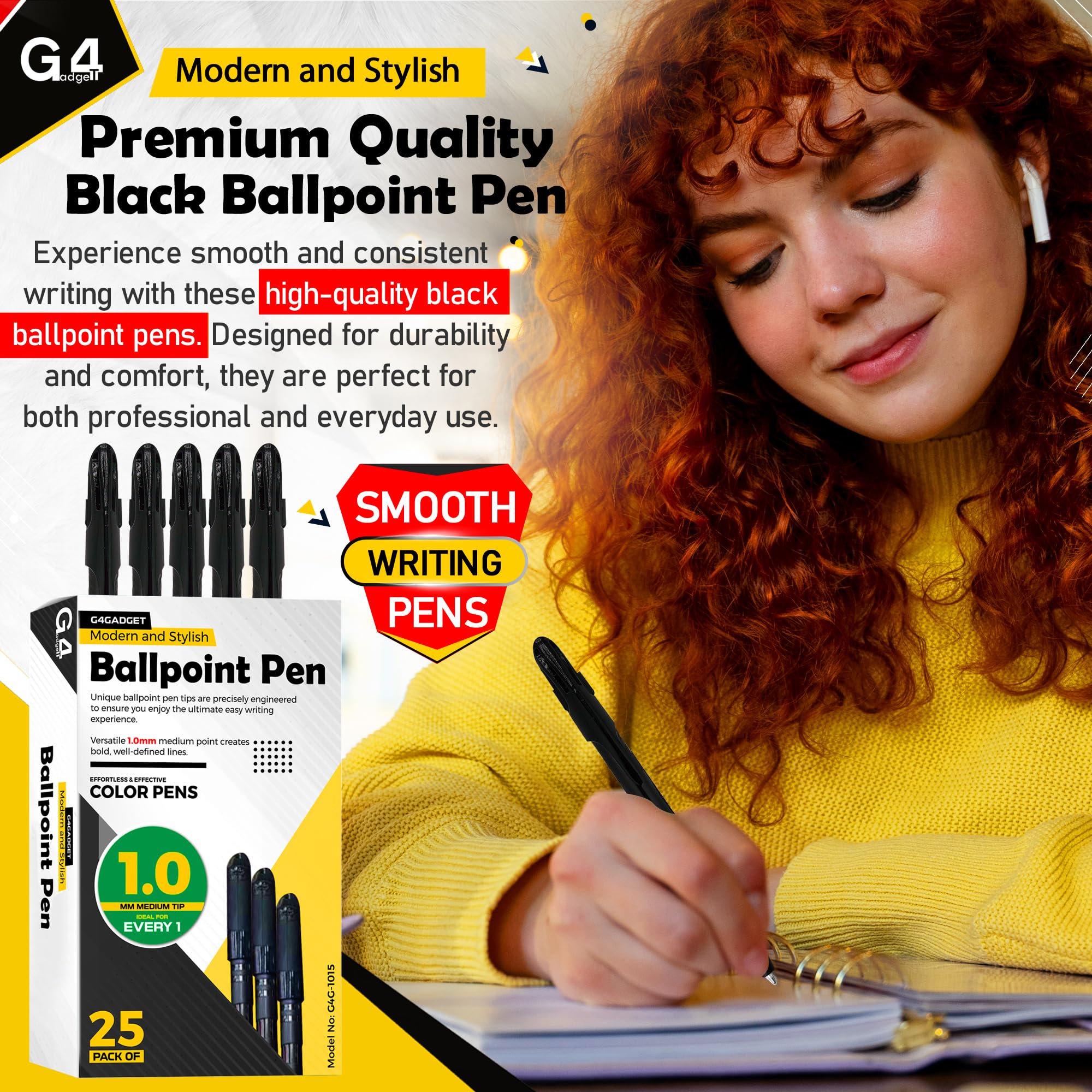 G4GADGET Ballpoint Pens - 25 Pack Black Ink, 1.0mm Medium Point, Quick-Dry | Smooth Writing 4