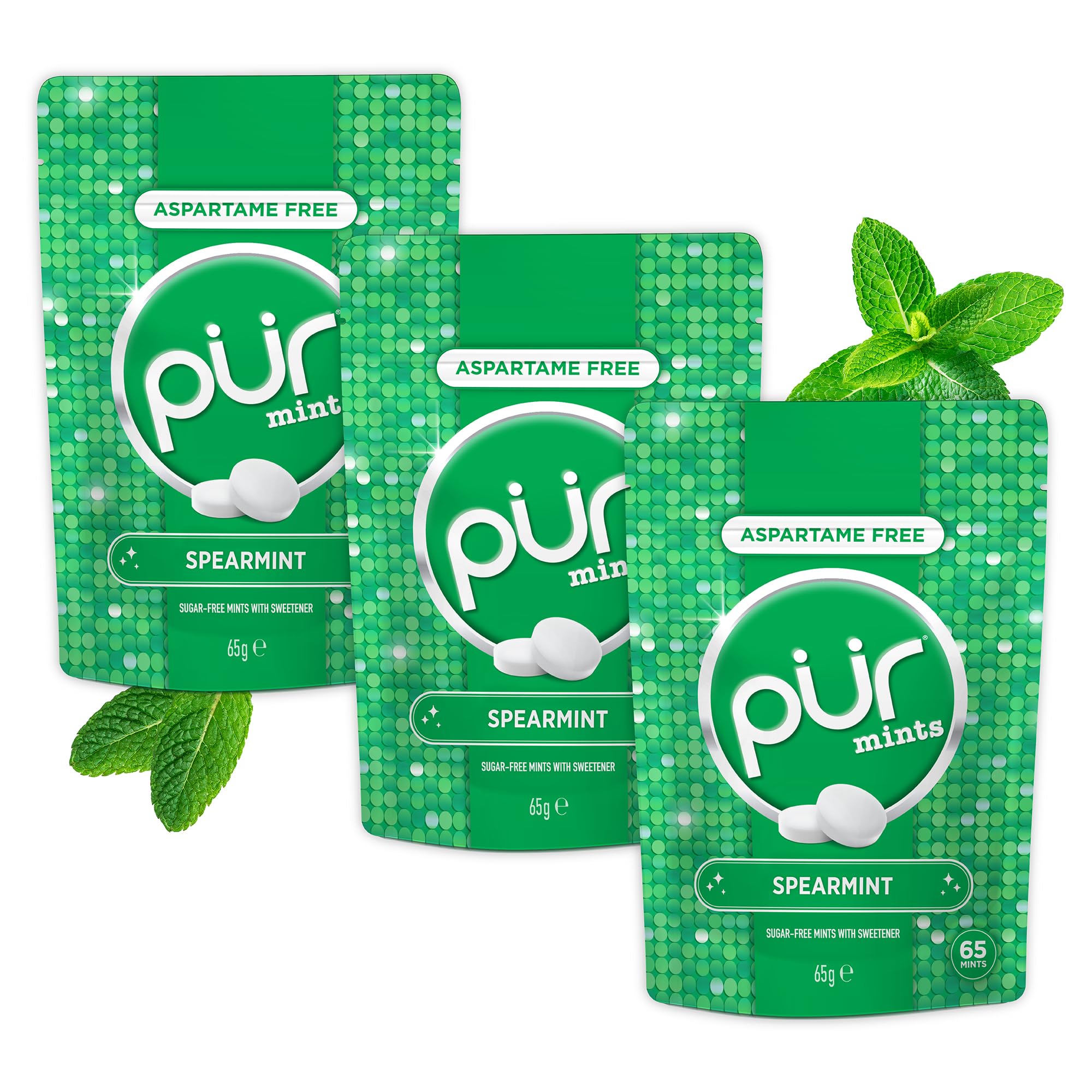 PUR Mints Spearmint - Sugar Free, Aspartame Free, Made with Xylitol | 65 Count Pouch (Pack of 3) 1
