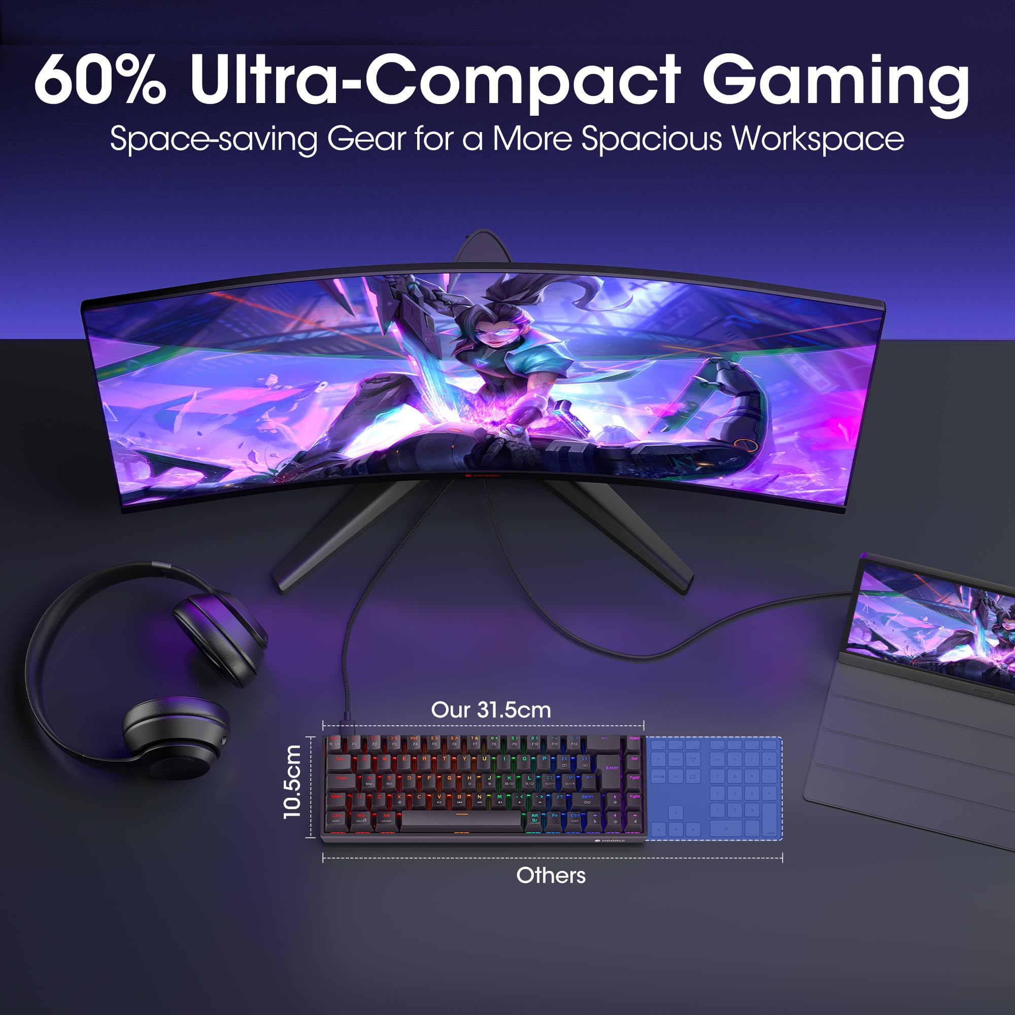 KOORUI 60% Mechanical Gaming Keyboard, Mixed Colors LED Backlit Ultra-Compa 4
