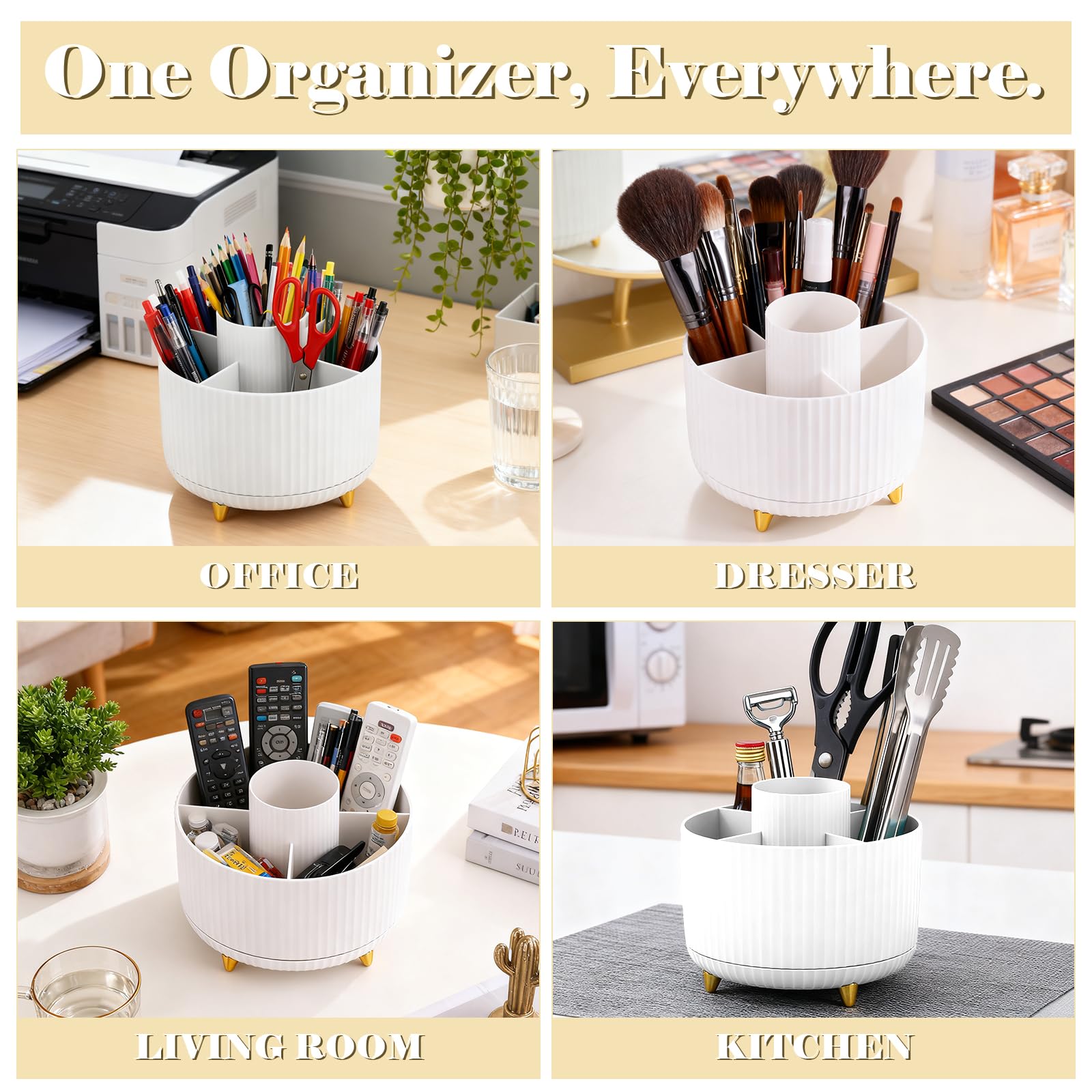 Lychico Desk Organiser - 360° Rotating Pencil Cup with 5 Compartments | White Plastic 4