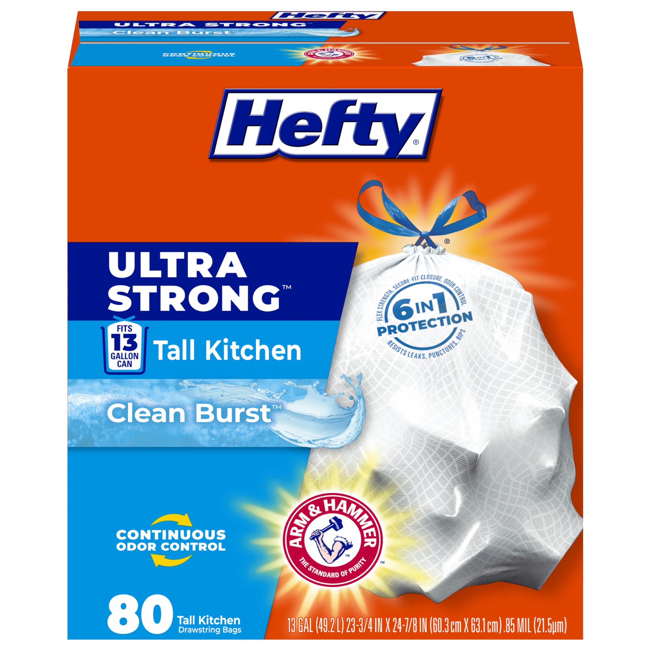 Hefty Ultra Strong Tall Kitchen Trash Bags - 13 Gallon, 80 Count, Clean Burst Scent 1