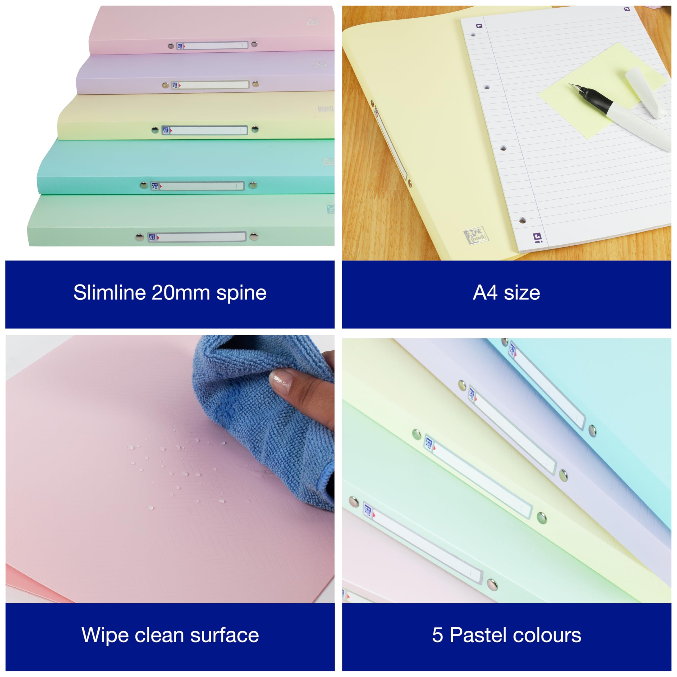 Oxford A4 Pastel Ring Binders - 20mm Spine, 100 Sheet Capacity | Pack of 5