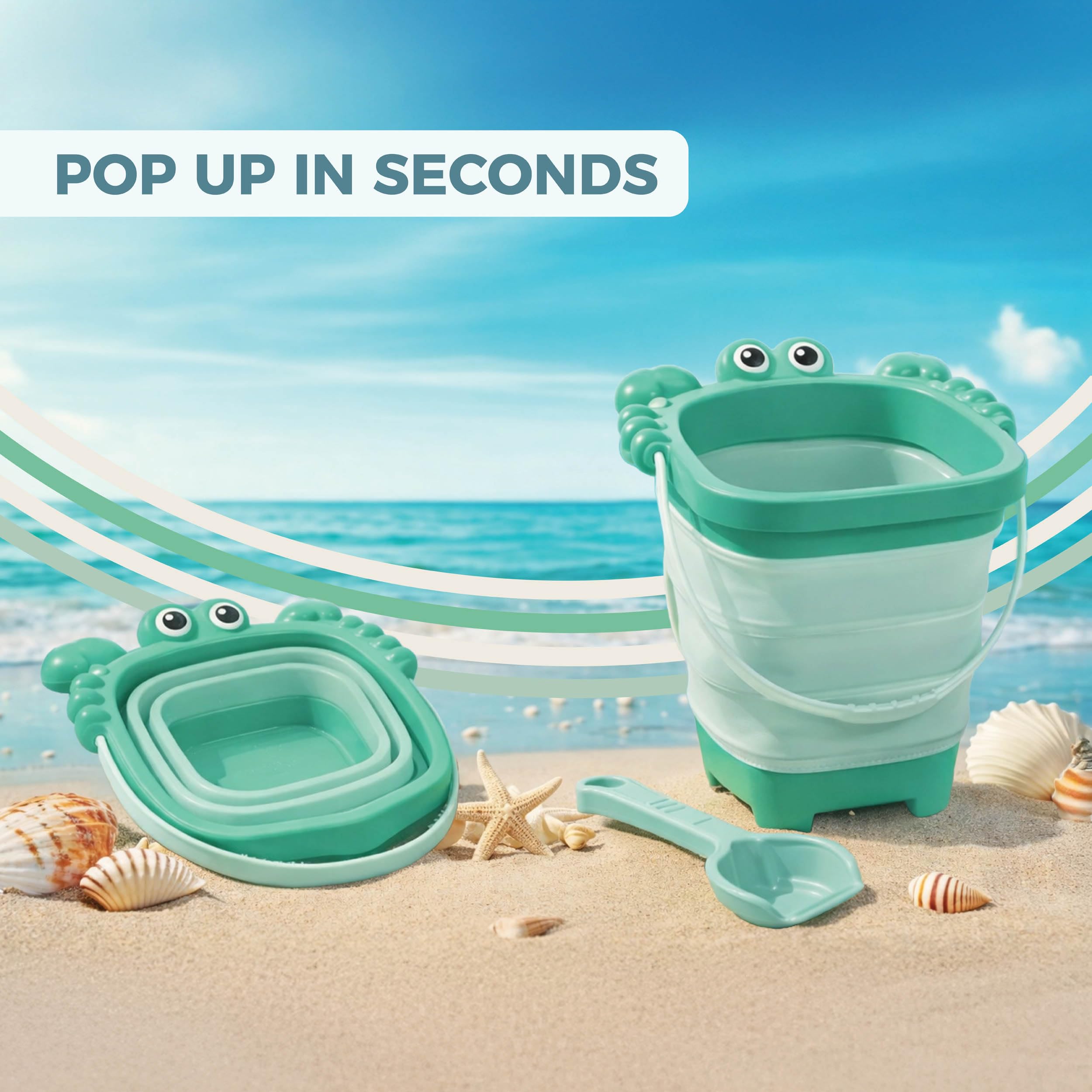 Mookie Collapsible Beach Bucket Set with Crab Sandcastle Mould | 3 Buckets | Ages 10m+