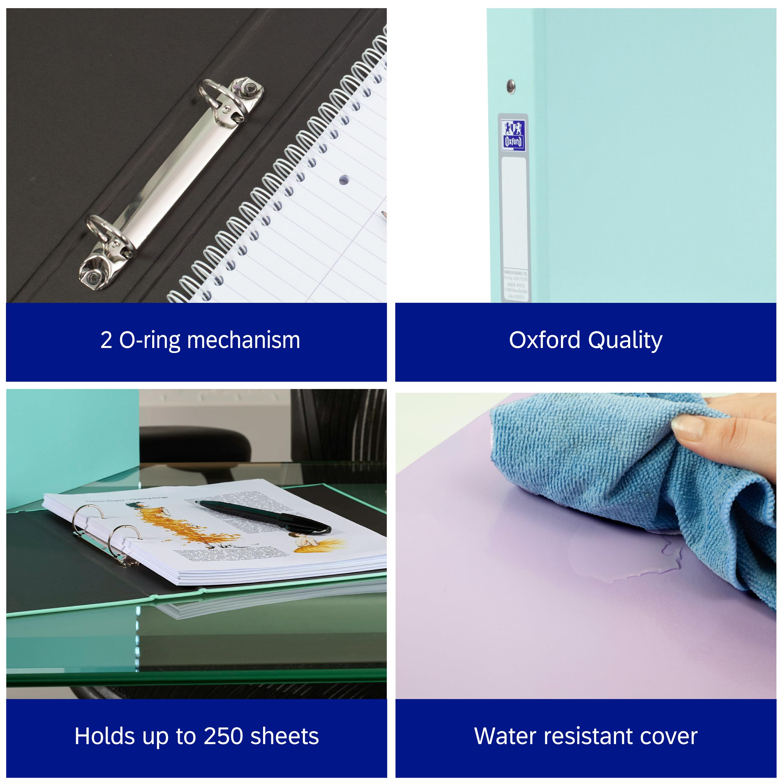 Oxford A4 O-Ring Binder - 40mm Spine, 250 Sheet Capacity, Pack of 3 Pastel Folders 3