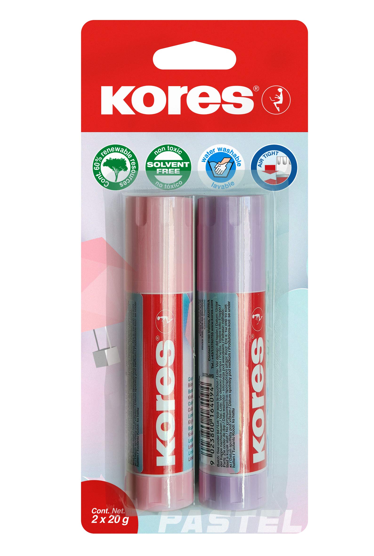Kores Pastel Glue Stick - Strong Hold Adhesive, Non-Toxic, 20g (Pack of 2)