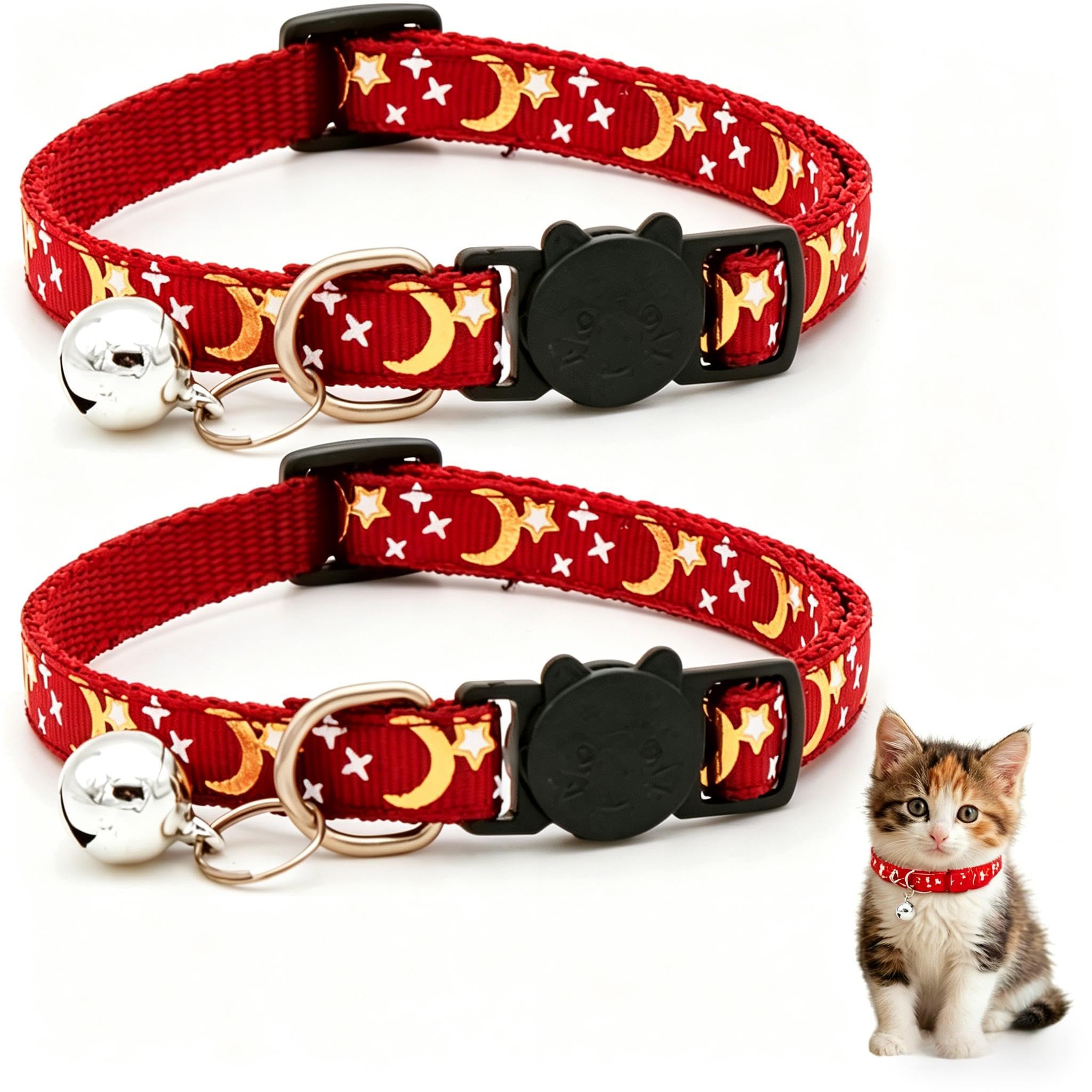 Muexoee Reflective Adjustable Cat Collar with Bell - Moon Star Print, Safety Buckle, Red